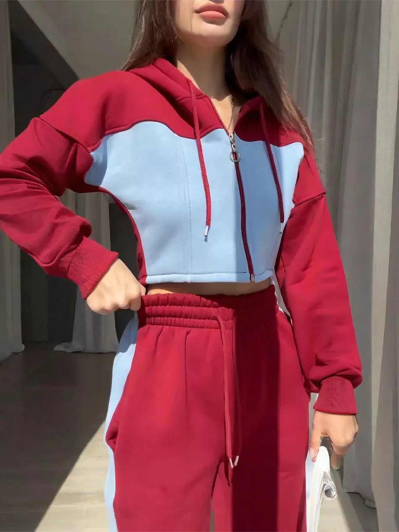 Color-Block Zip-Up Crop Hoodie and Joggers Set