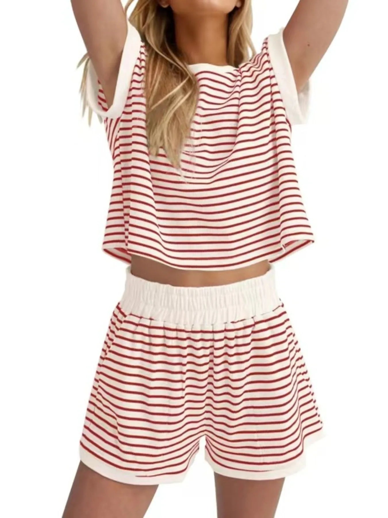 Full Size Contrast Striped T-Shirt and Shorts Set Plus Size