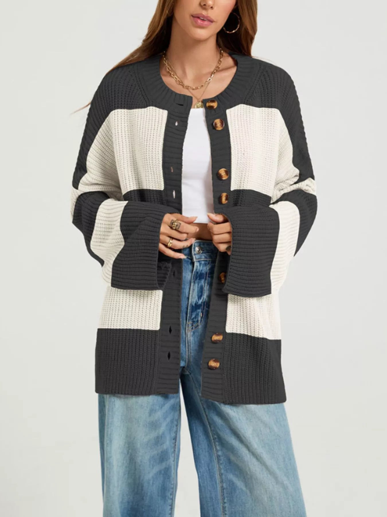Color Block Striped Button-Up Cardigan