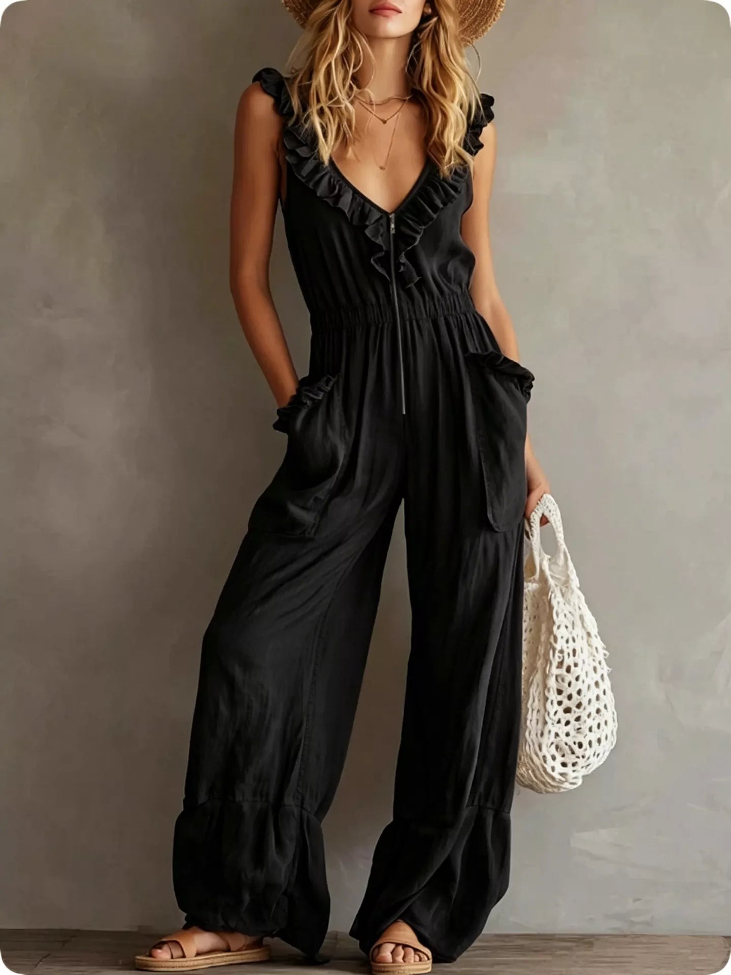 Ruffled V-Neck Wide Leg Jumpsuit