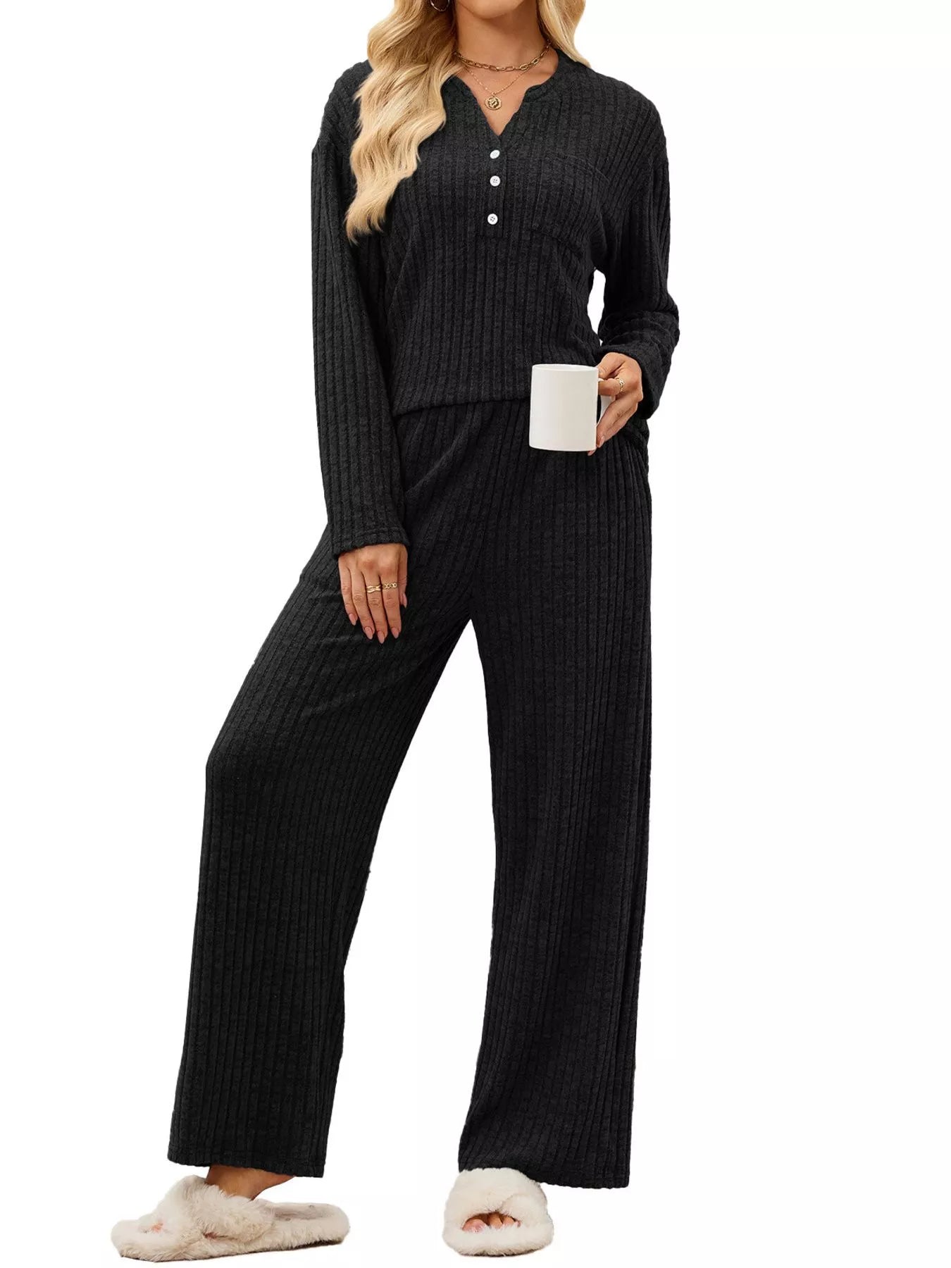 Ribbed Knit Top and Wide-Leg Pants Set