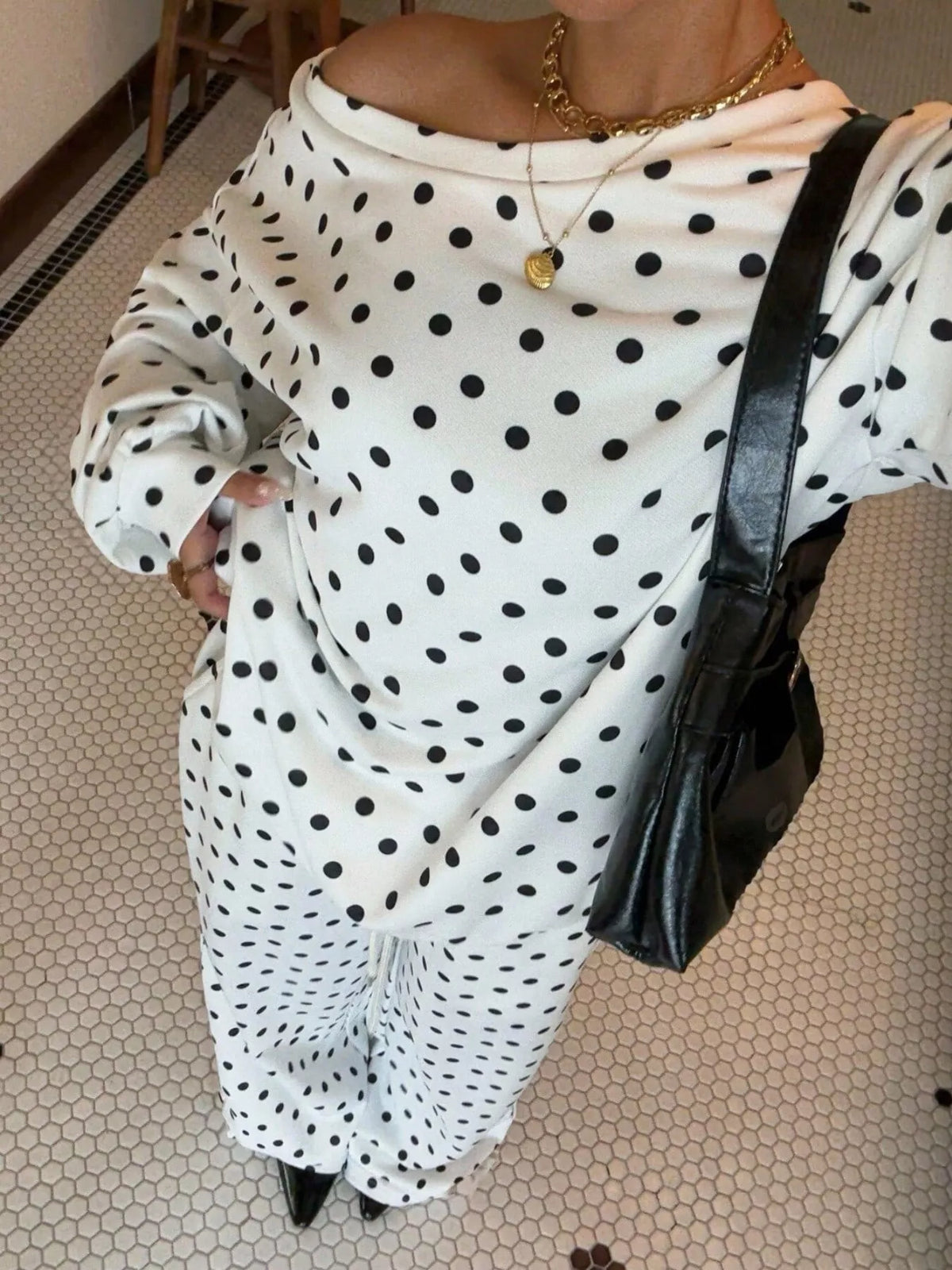 Polka Dot Boat Neck Top and Pants Set