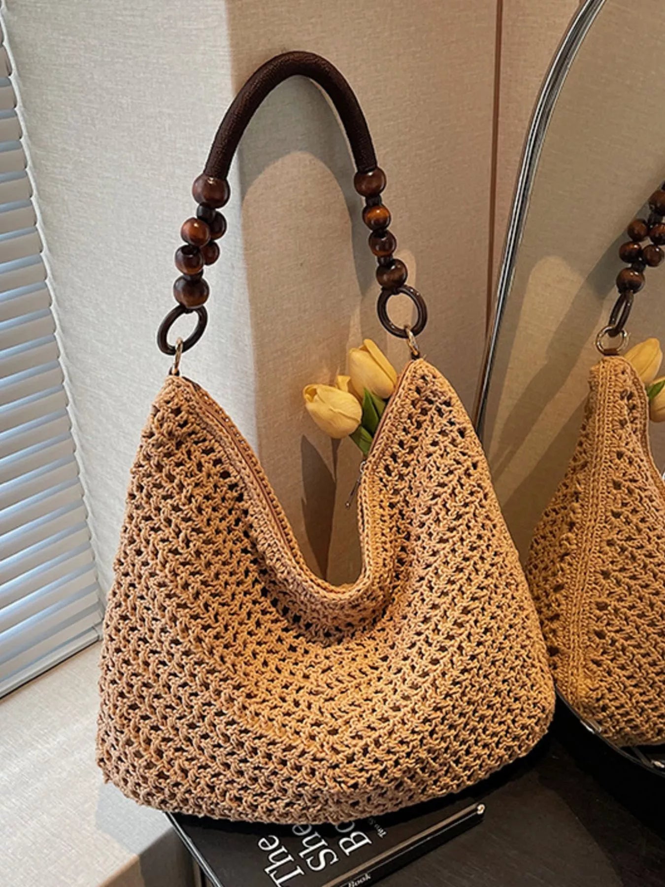 Knitted Shoulder Bag with Wooden Bead Handle
