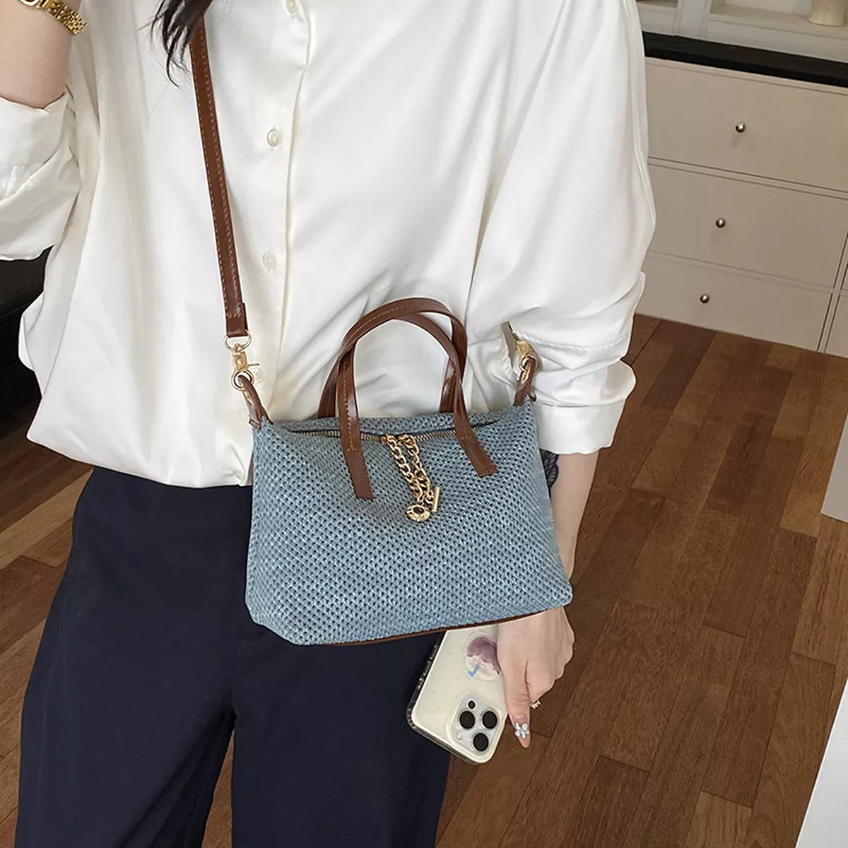 Woven Crossbody Bag with Leather Accents