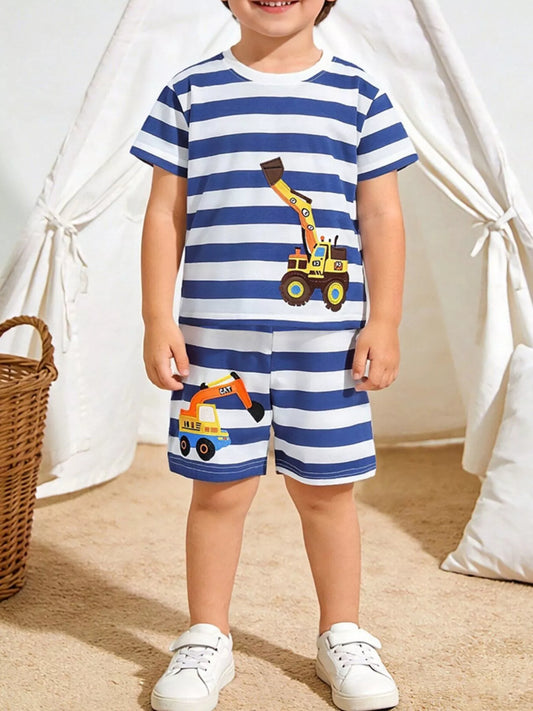 Children's Striped Excavator Print Tee and Shorts Set