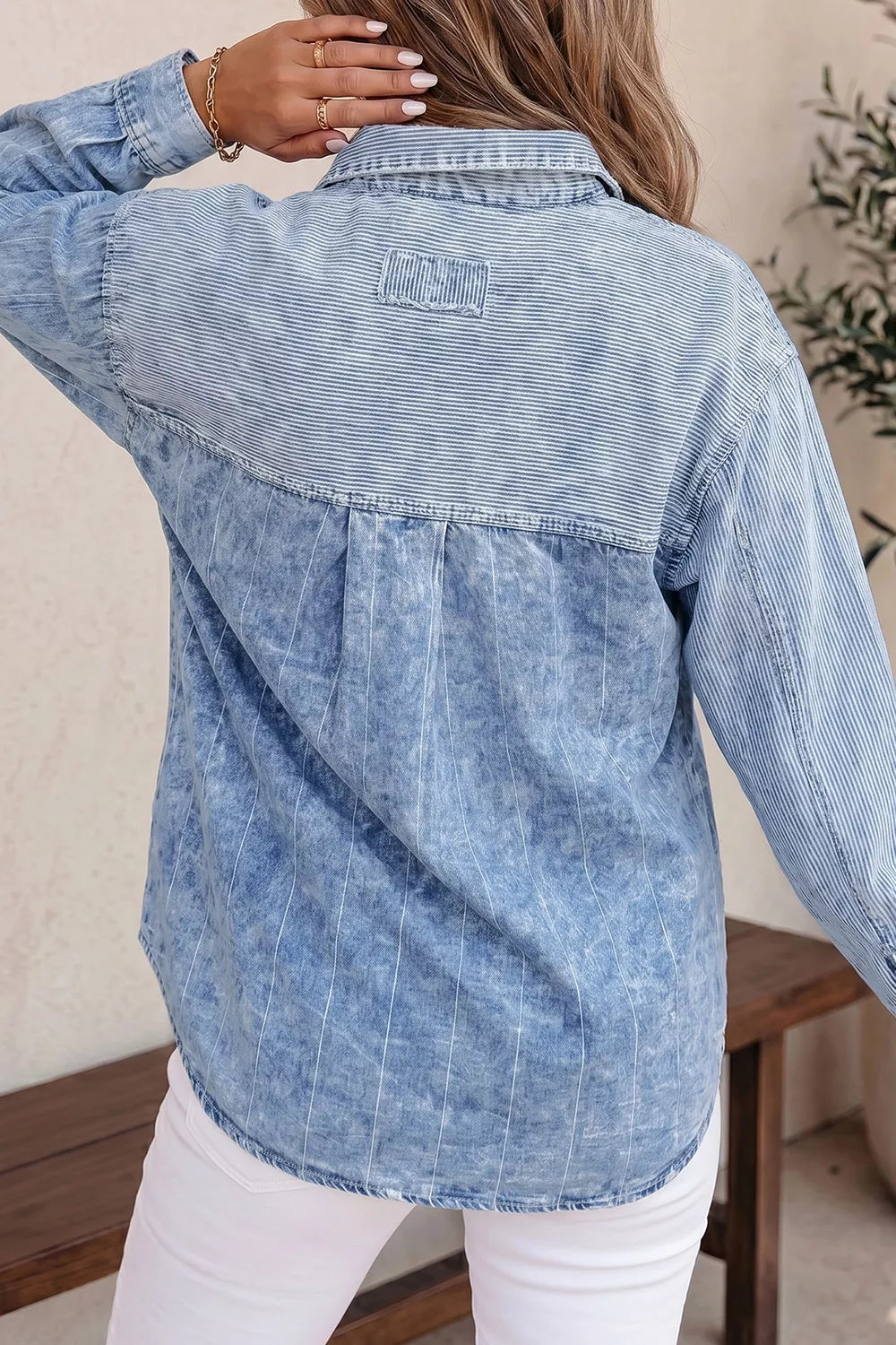 Button-Down Front Striped Denim Shirt