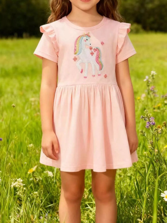Children's Cute Unicorn Applique Ruffle Sleeve Dress