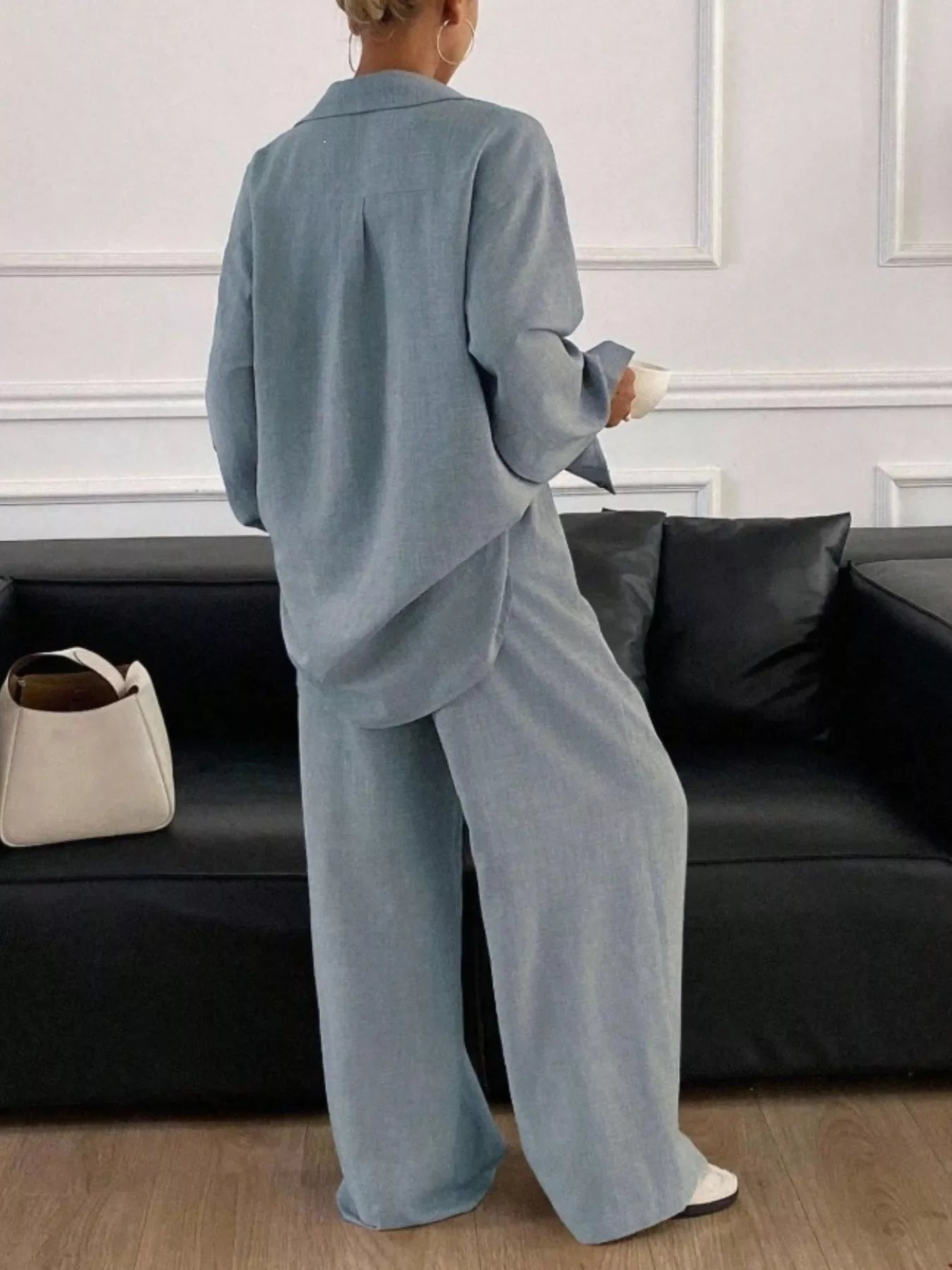 Button-Down Shirt and Wide-Leg Pants Set