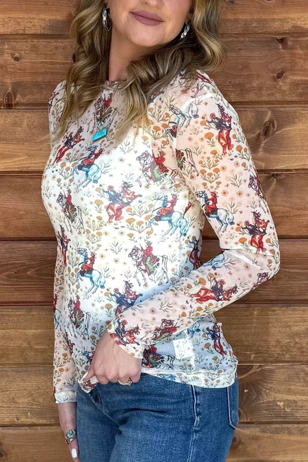Cowboy Print Mesh Long Sleeve Top