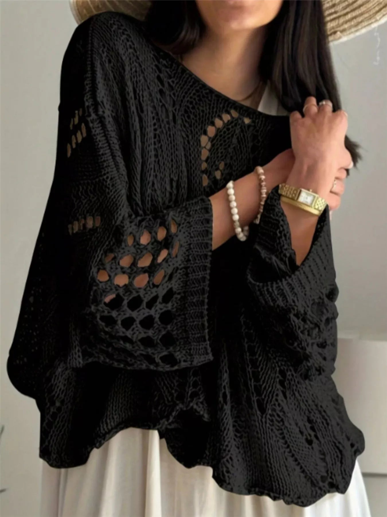 Boat Neck Crochet Knit Cover Up