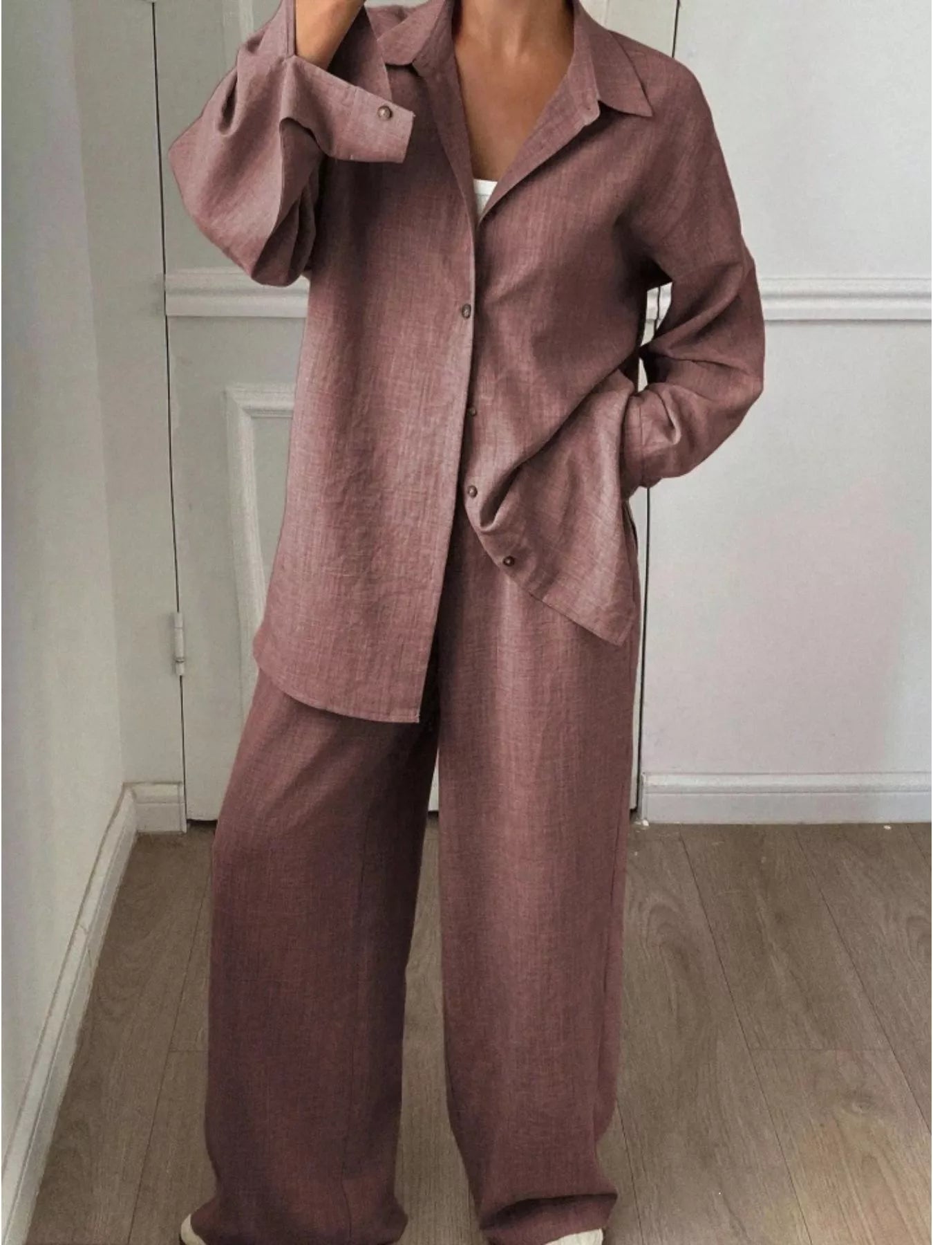 Button Up Long Sleeve Shirt and Wide Leg Pants Set
