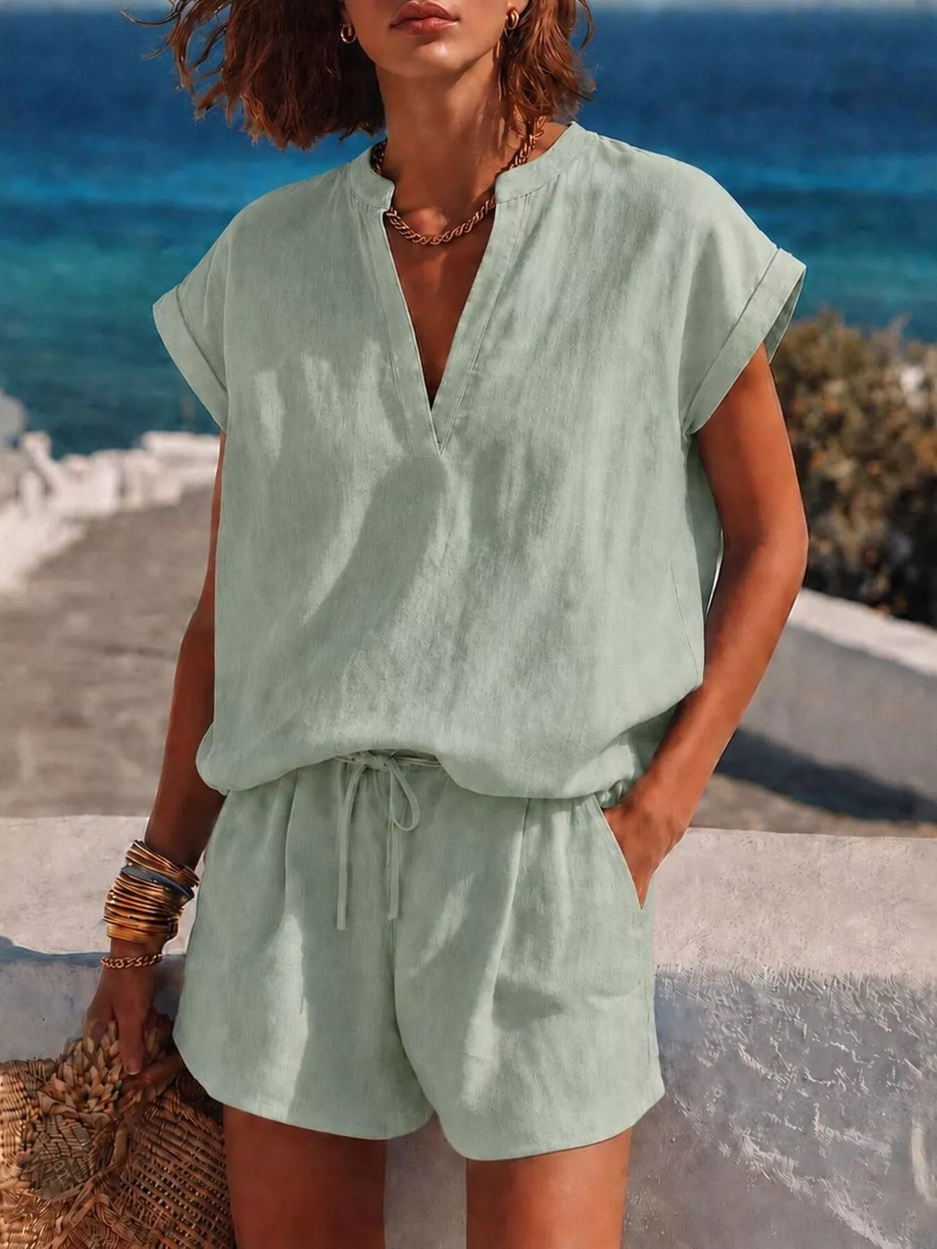 Notched Short Sleeve Top and Shorts Set