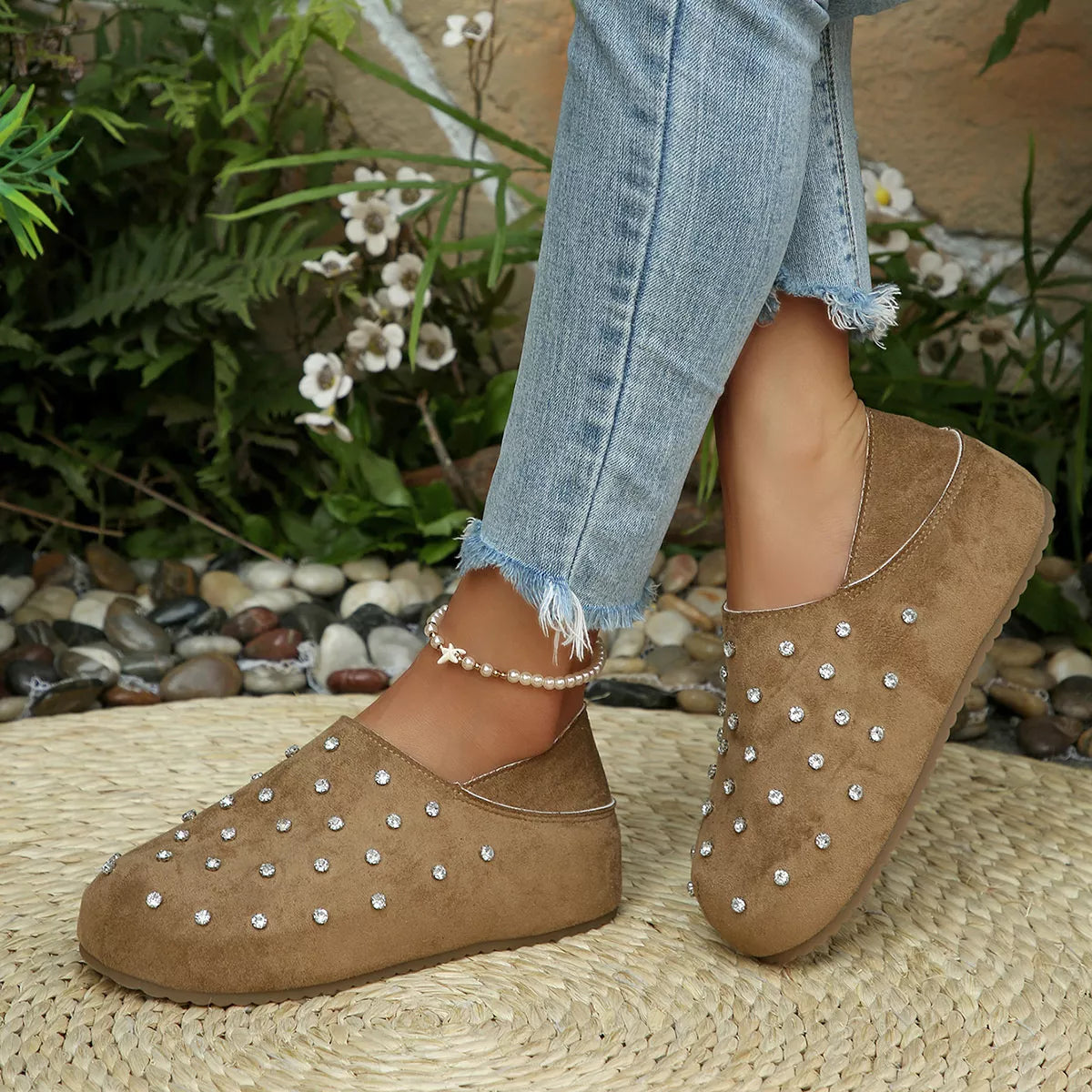 Rhinestone Round Toe Slip-Ons