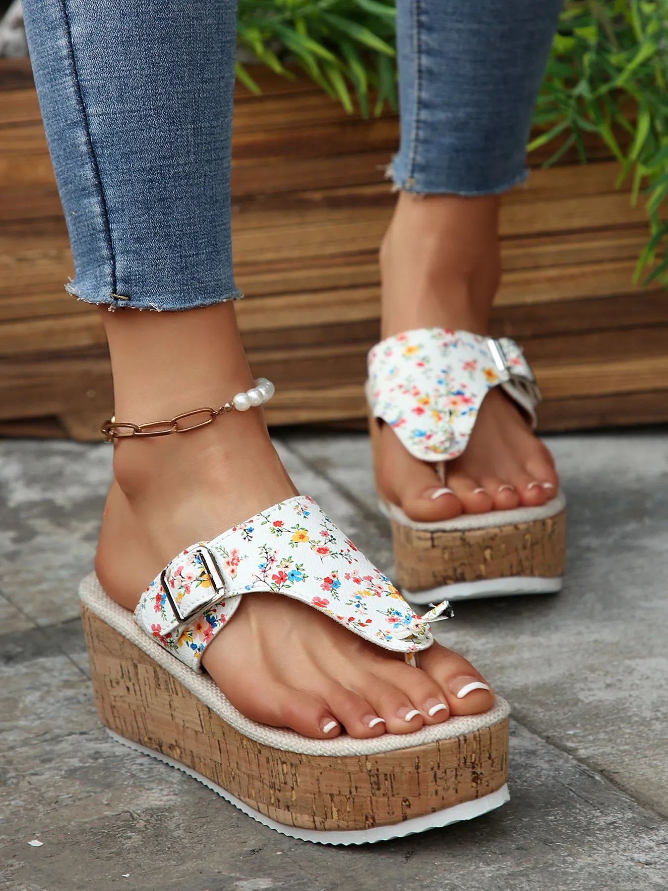 Floral Print Wedge Platform Sandals