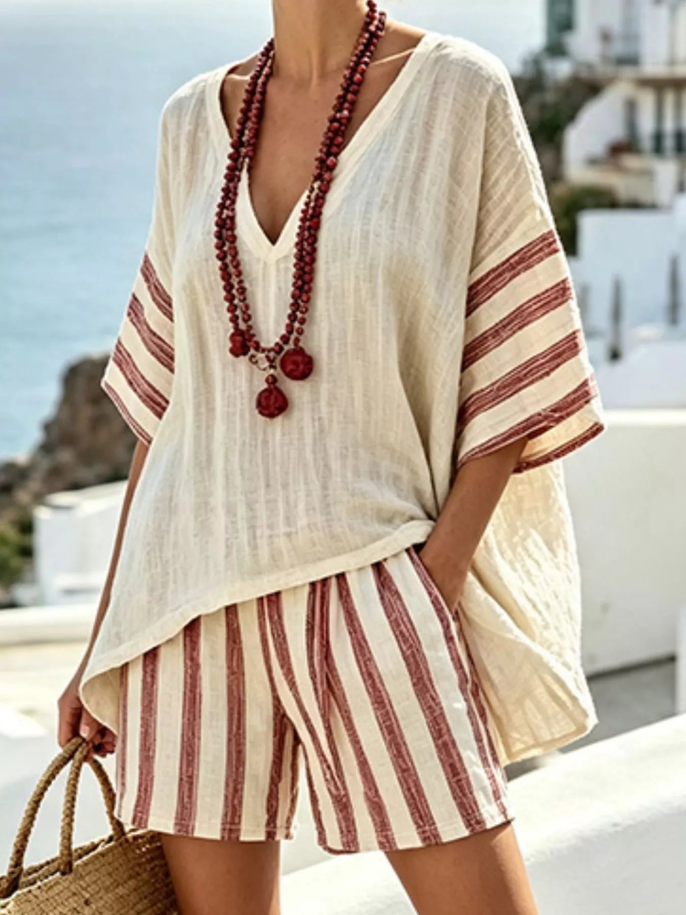 Full Size Striped 3/4 Sleeve Top and Shorts Set Plus Size