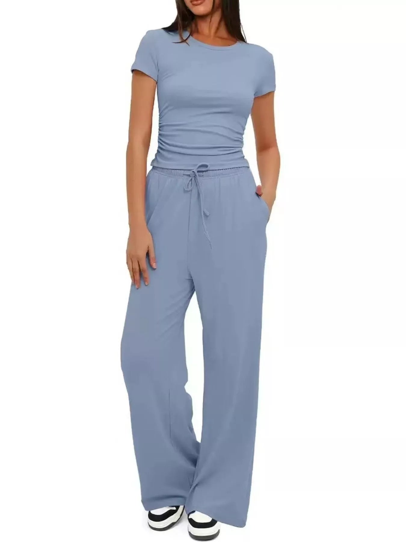 Round Neck Short Sleeve Top and Pants Set