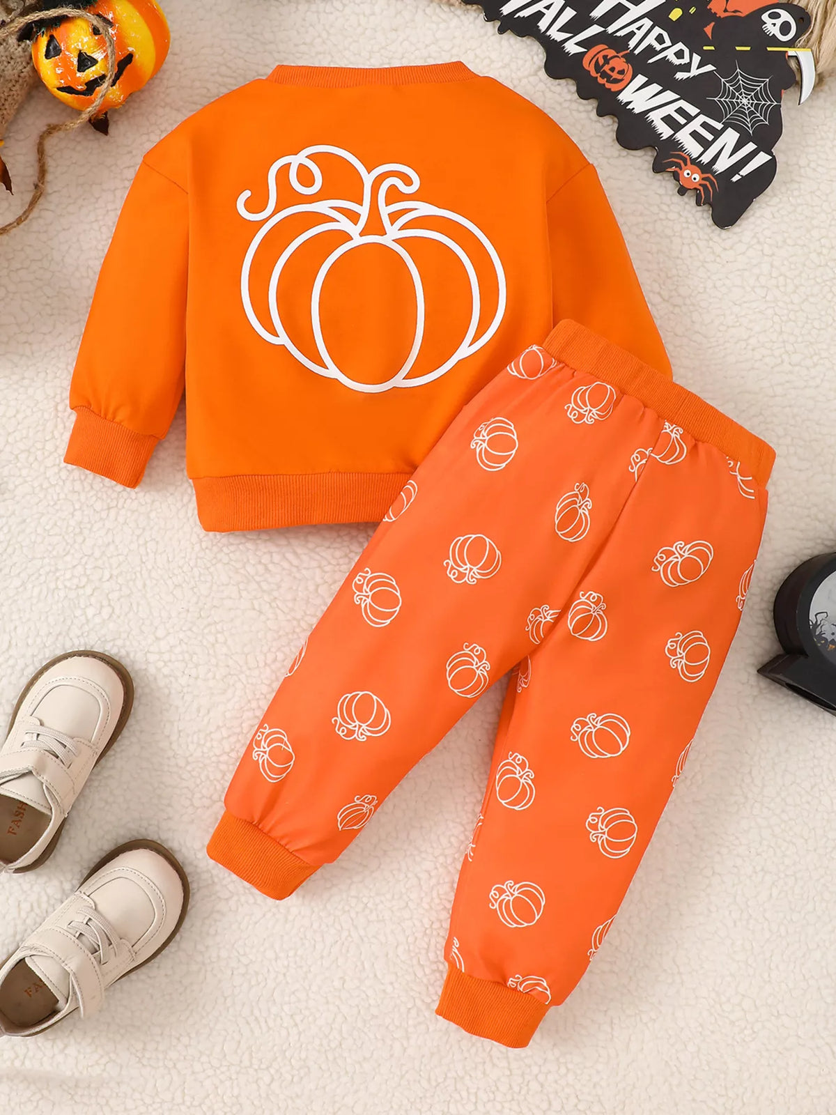 Children's Halloween Pumpkin Print Long Sleeve Sweatshirt and Pants Set