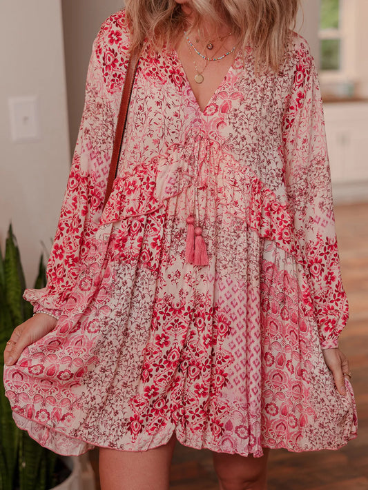 loral Print Tassel Tie Long Sleeve Flowy Mini Dress
