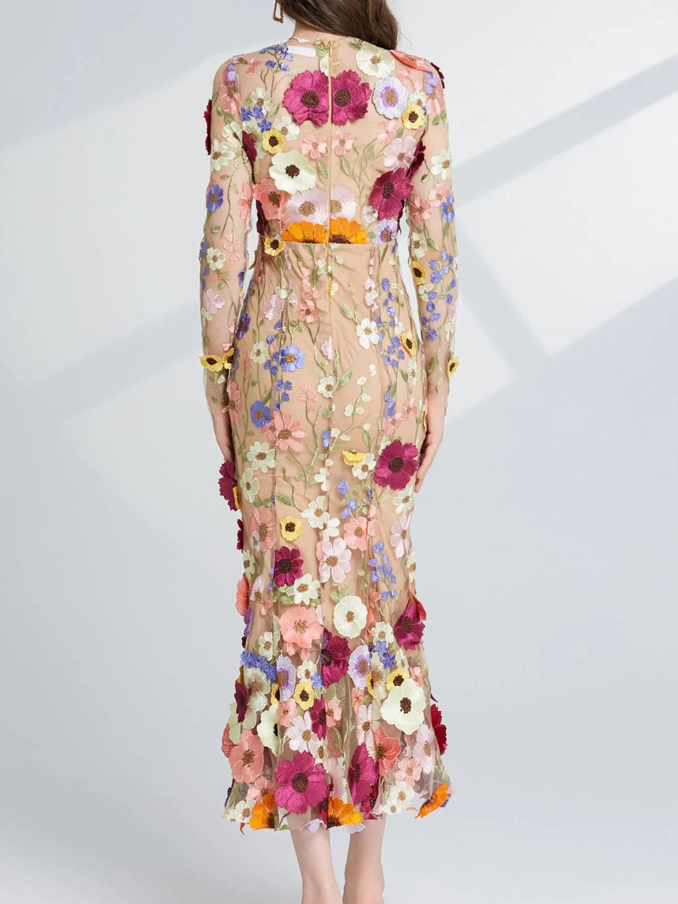 Floral Embroidered Mesh Long Sleeve Midi Dress