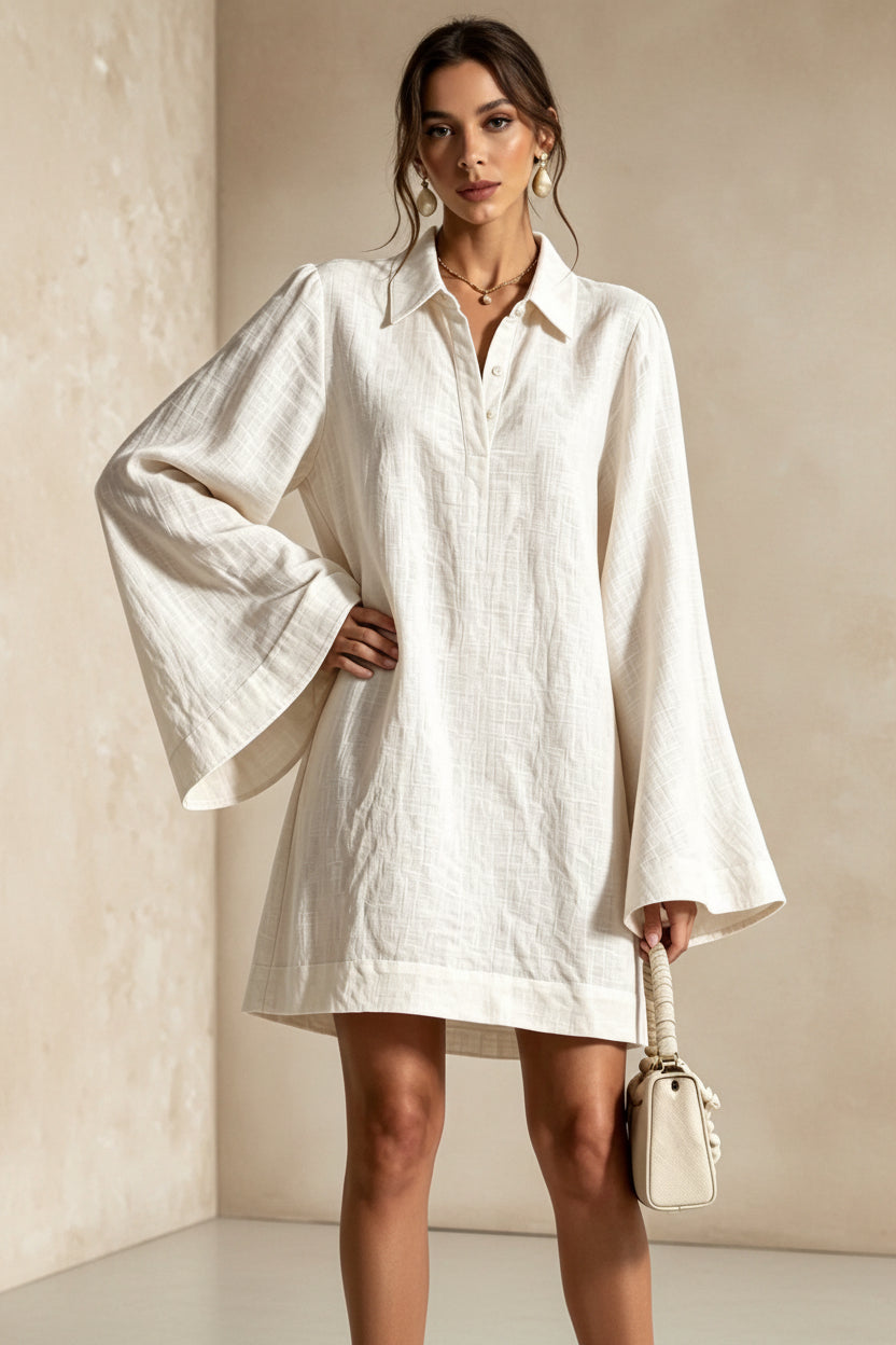 Women's Lapel Collar Flared Sleeve A-Line Midi Dress