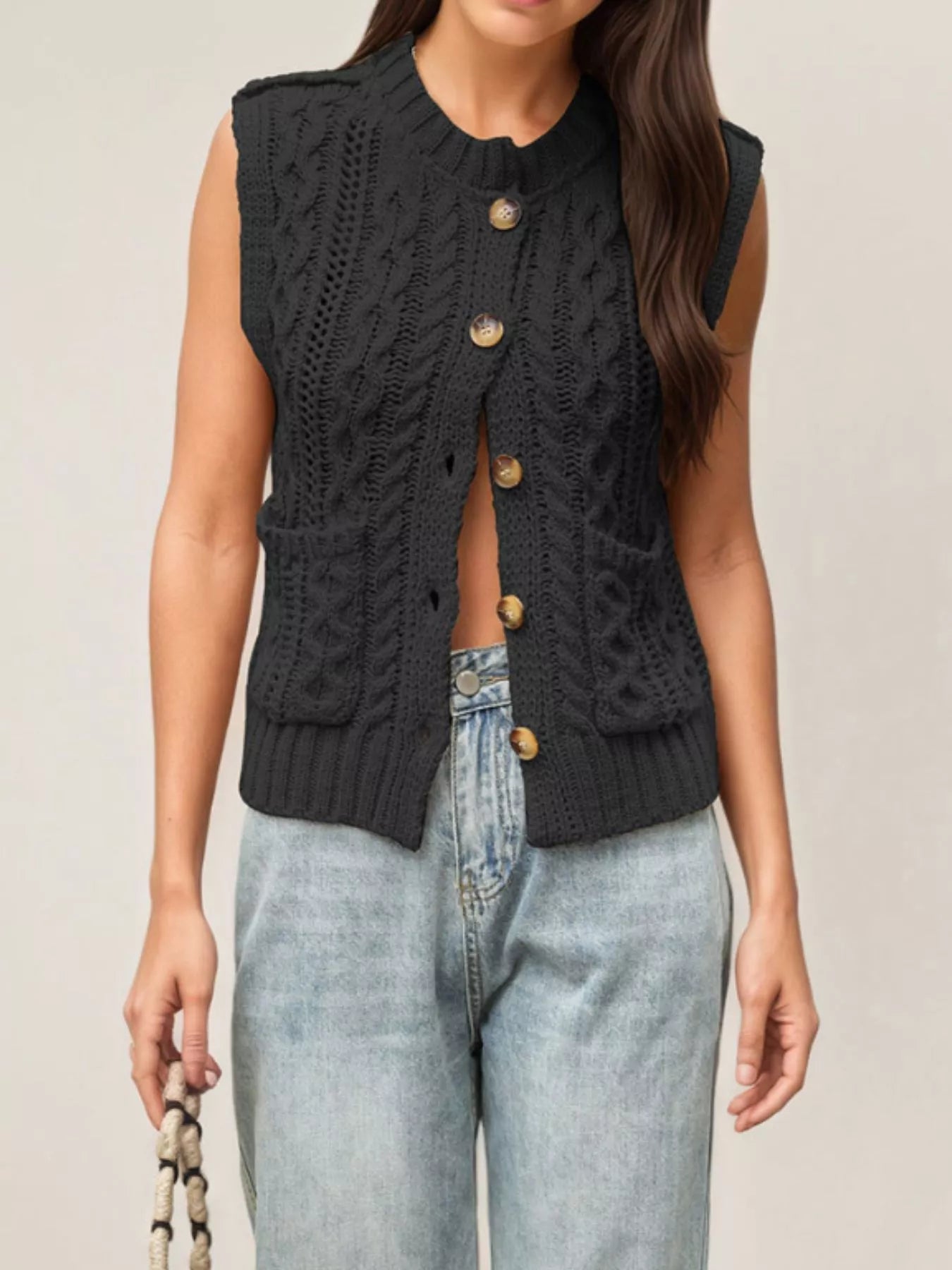 Cable-Knit Button-Down Sweater Vest