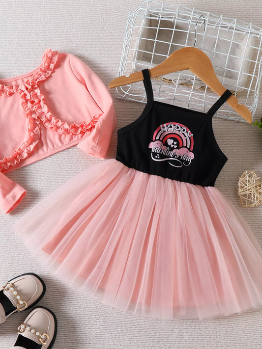 Children's Frill Cardigan and Rainbow Print Tulle Dress Set