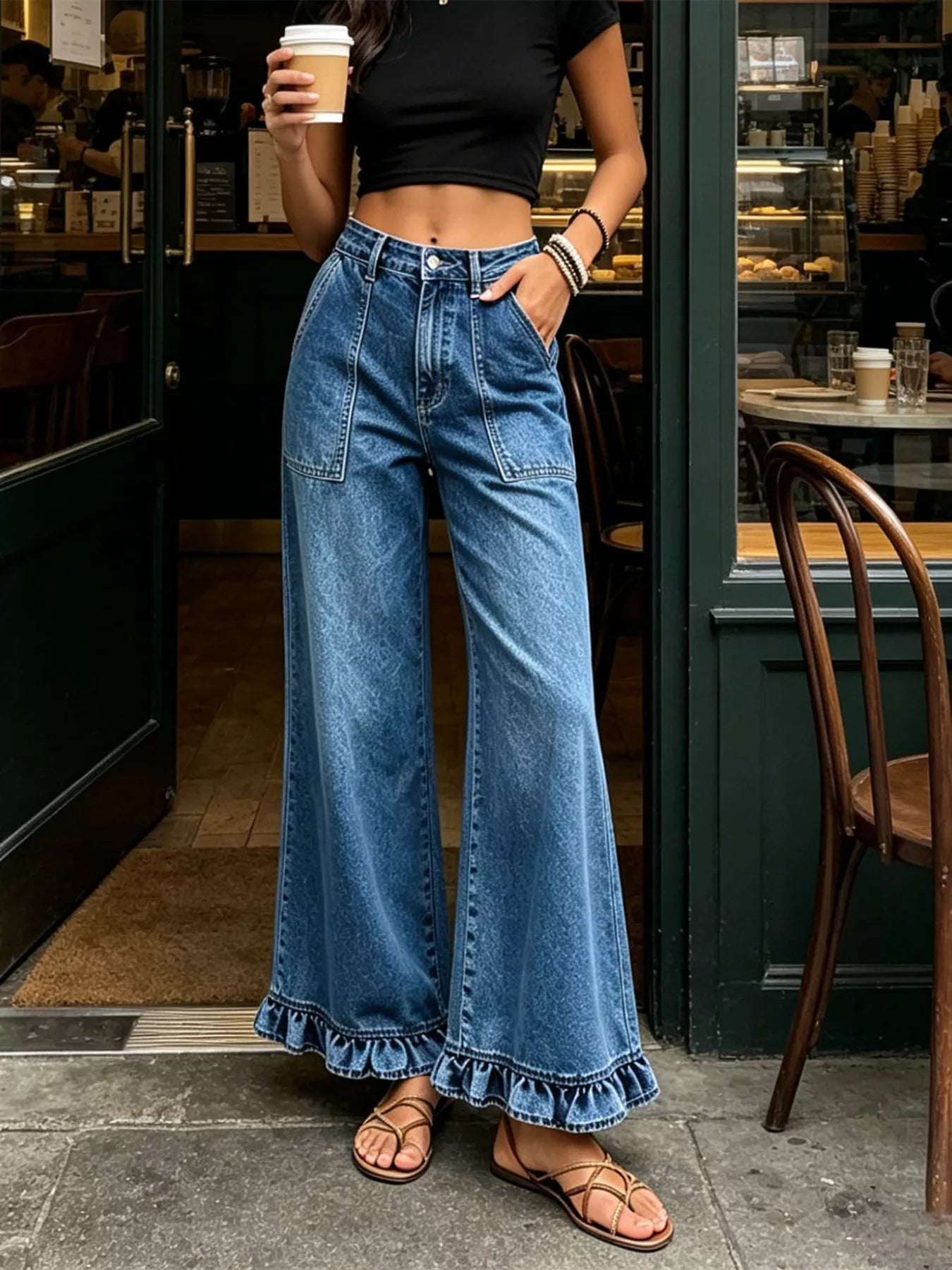 High-Waisted Wide-Leg Ruffle Hem Jeans