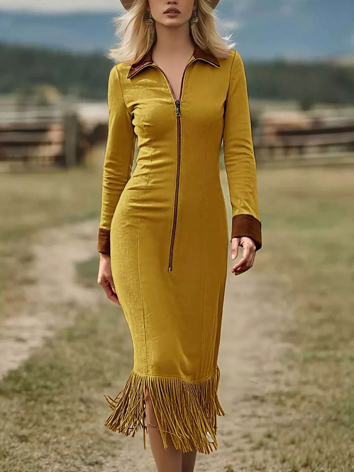 Full Size Fringe Hem Zip Front Midi Dress Plus Size