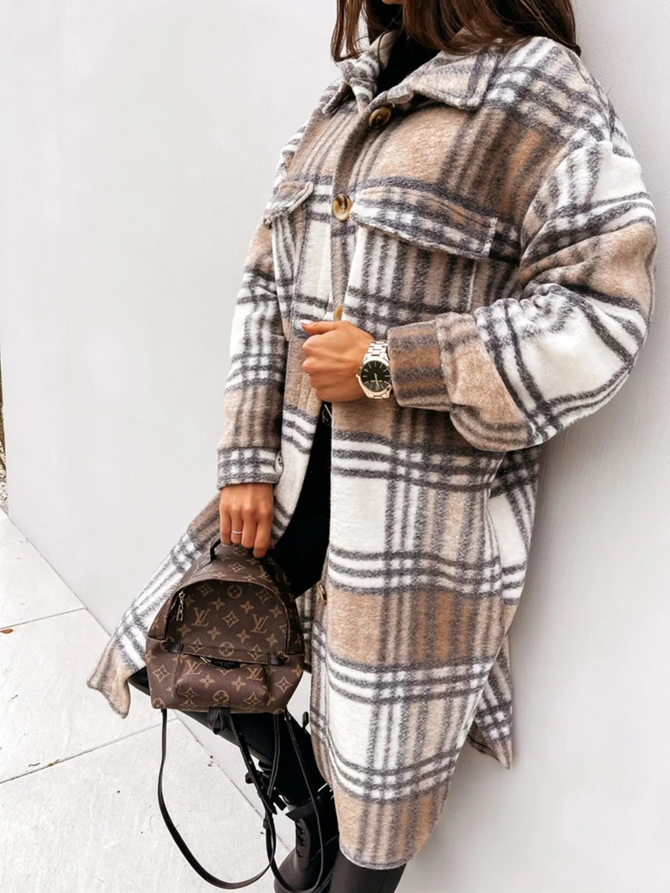 Longline Plaid Button Up Coat