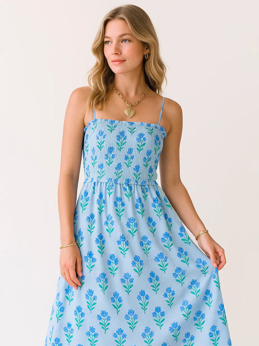 Floral Smocked Adjustable Strap Midi Cami Dress