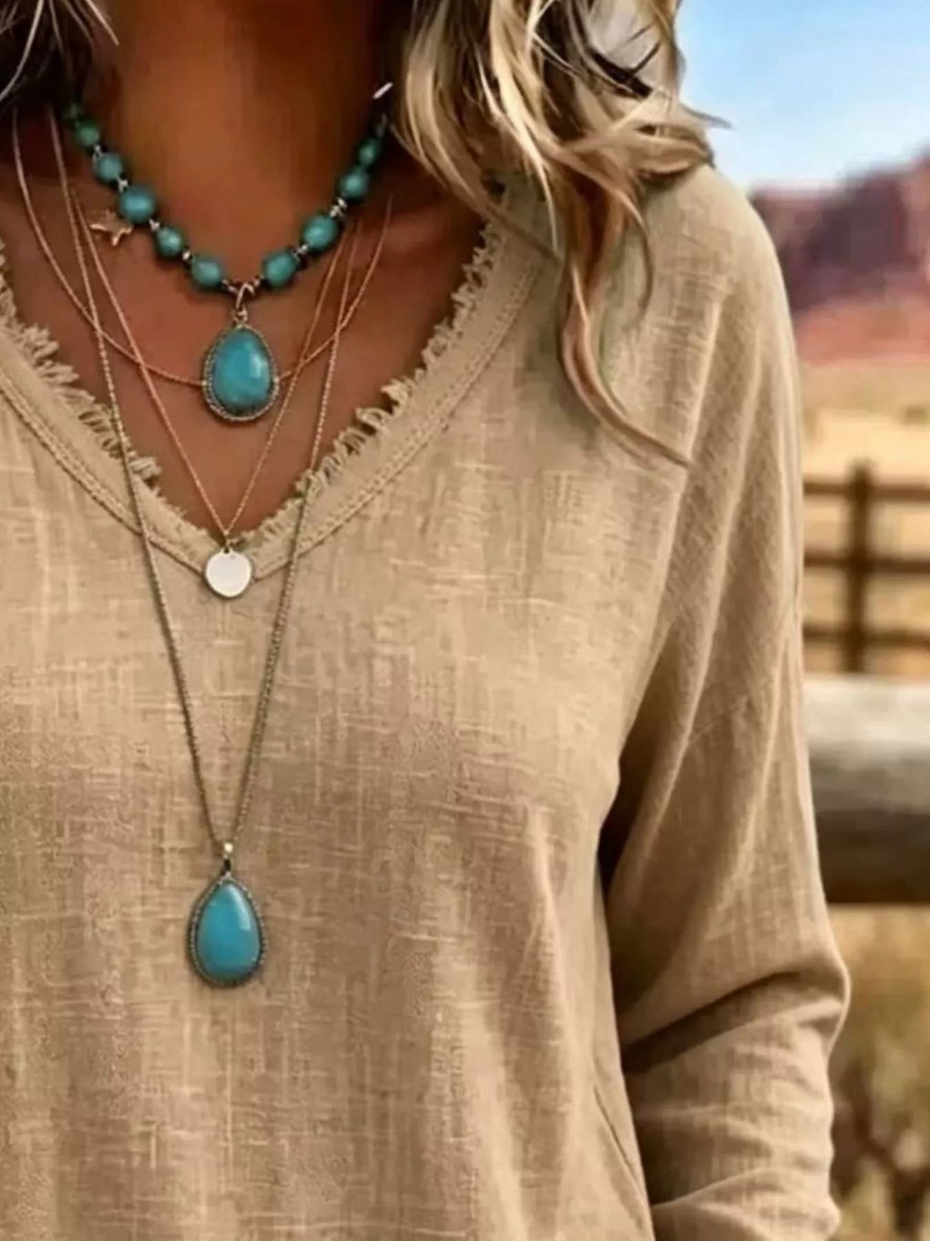 V-Neck Long Sleeve Blouse with Frayed Hem Detail