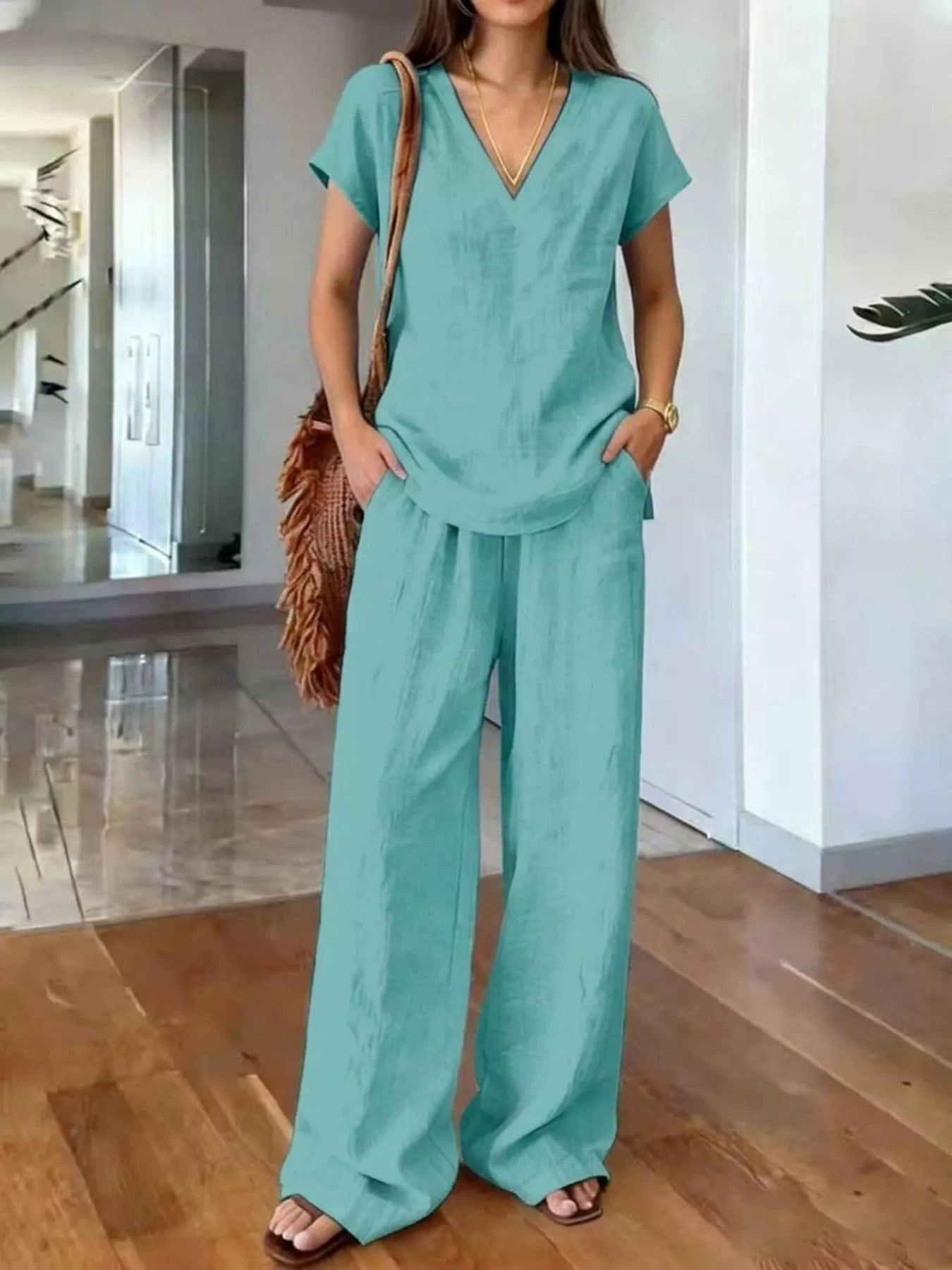 Full Size V-Neck Short Sleeve Top and Pants Set Plus Size
