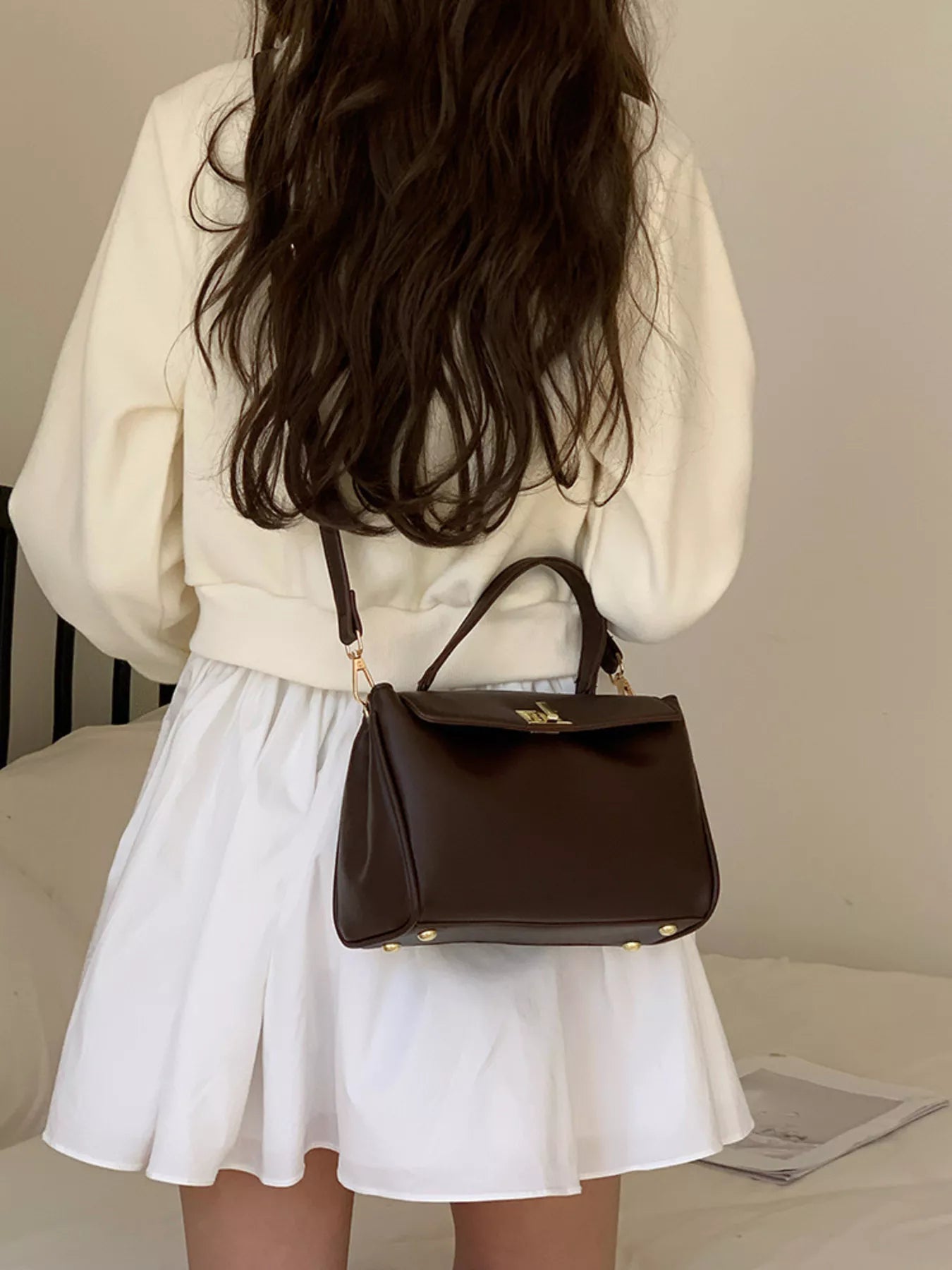 Golden Clasp Leather Crossbody Bag
