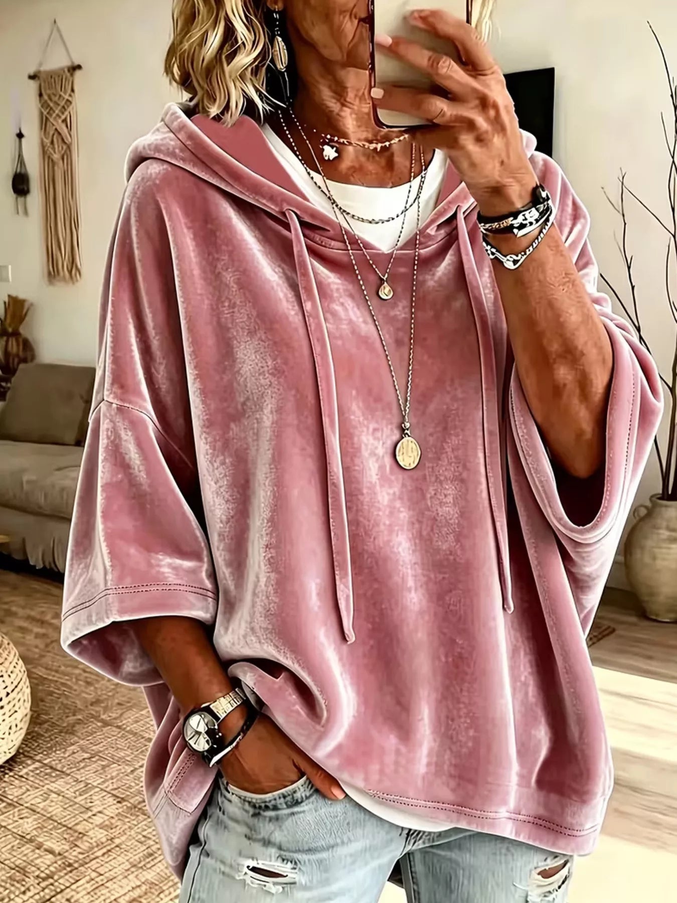 Velvet Loose Fit Hoodie with Drawstring