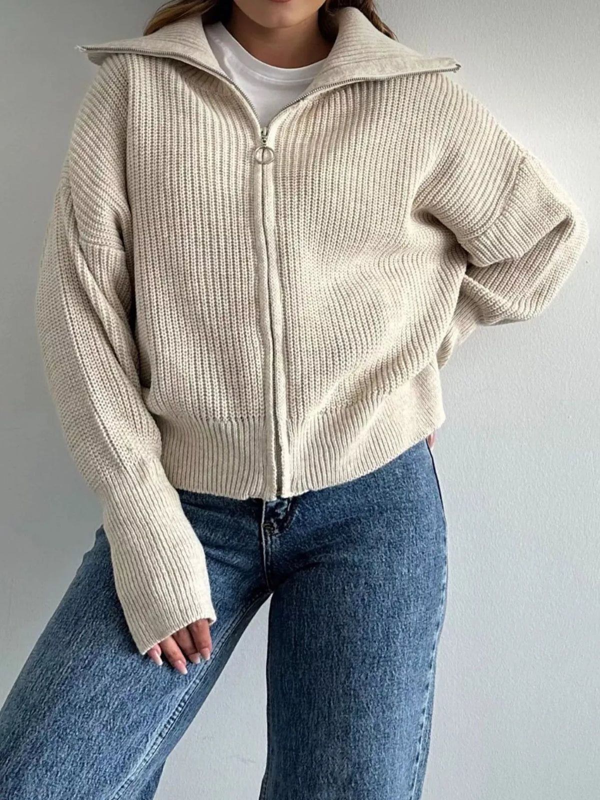 Zip Up Dropped Shoulder Cardigan