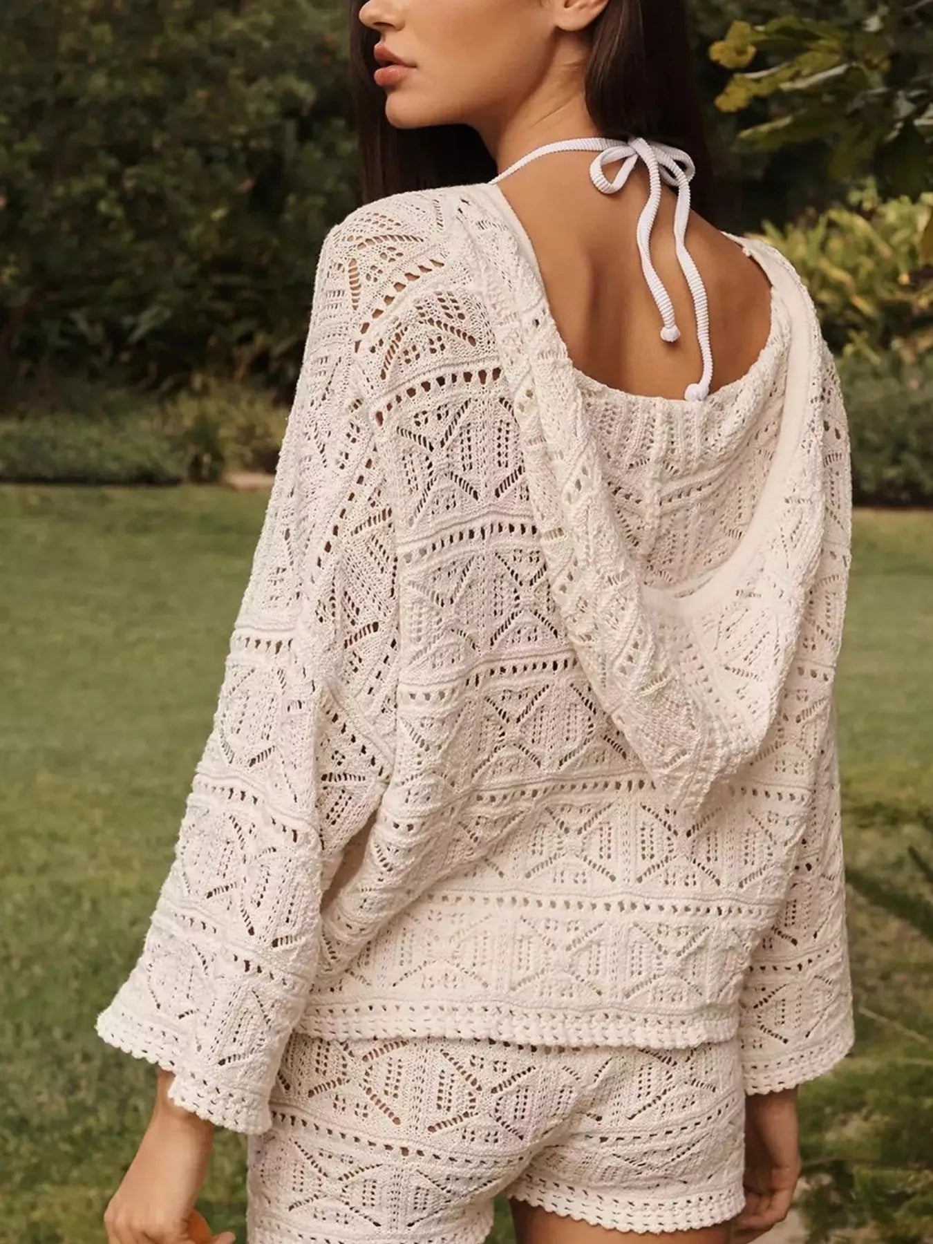 Openwork Hooded Knit Top and Shorts Set