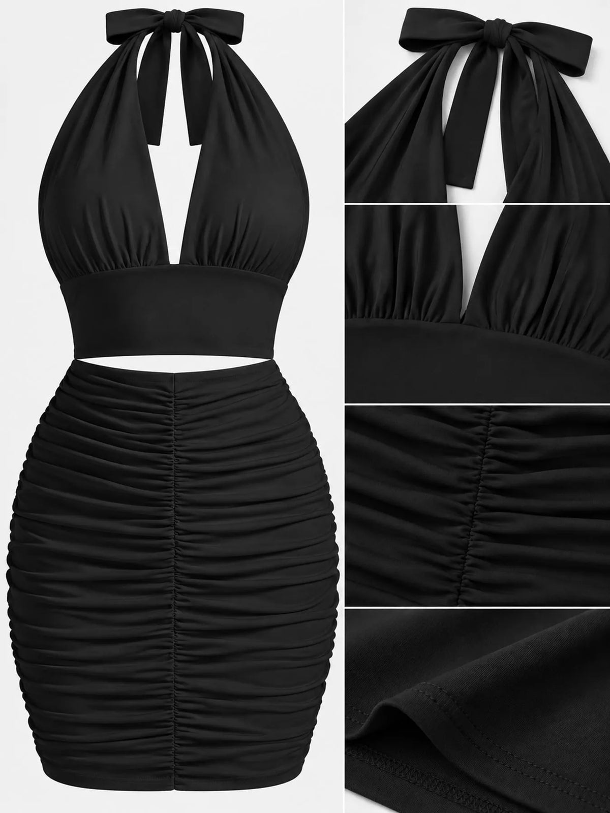Halter Crop Top and Ruched Bodycon Mini Skirt Set