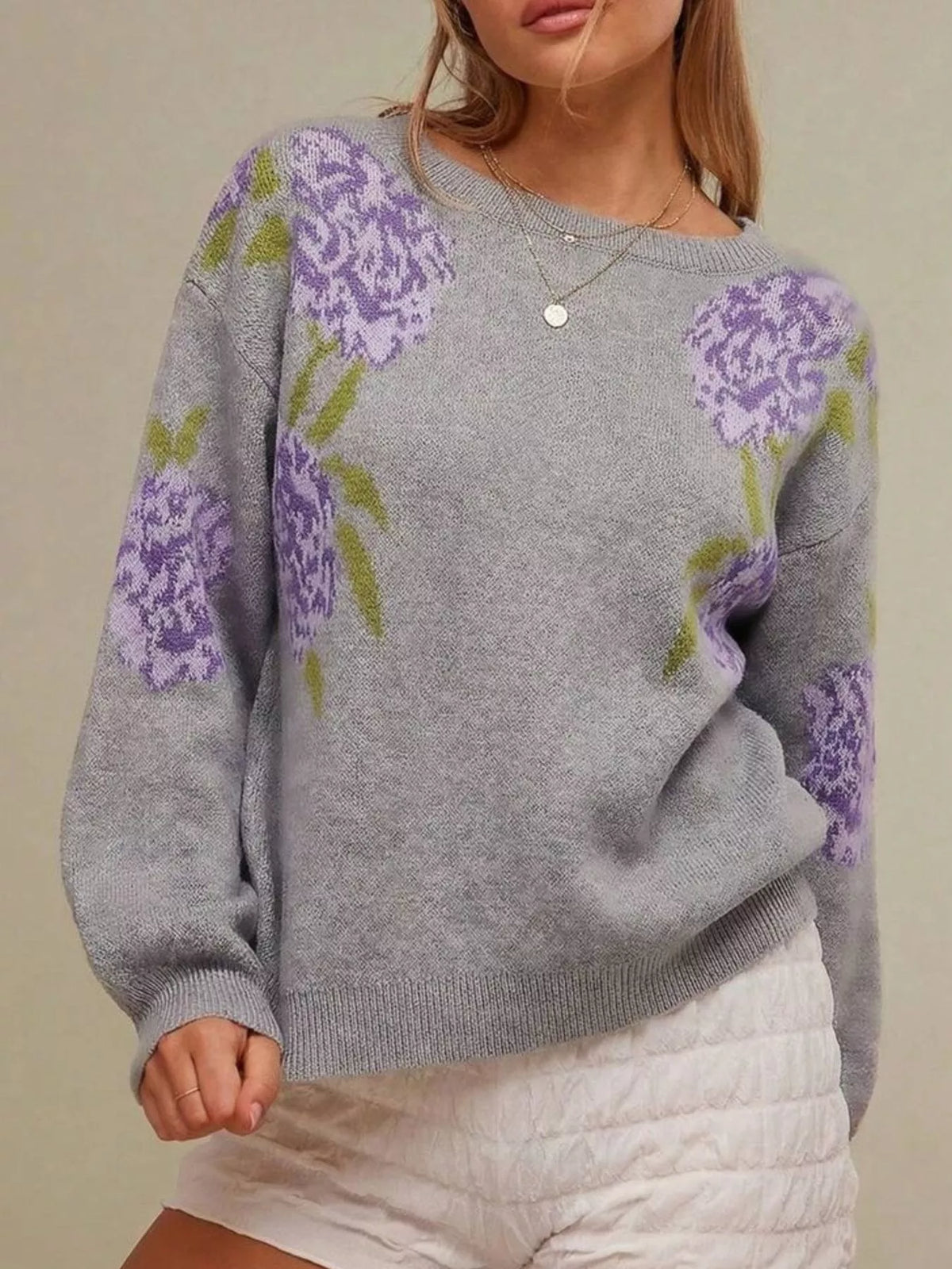 Floral Pattern Dropped Shoulder Sweater