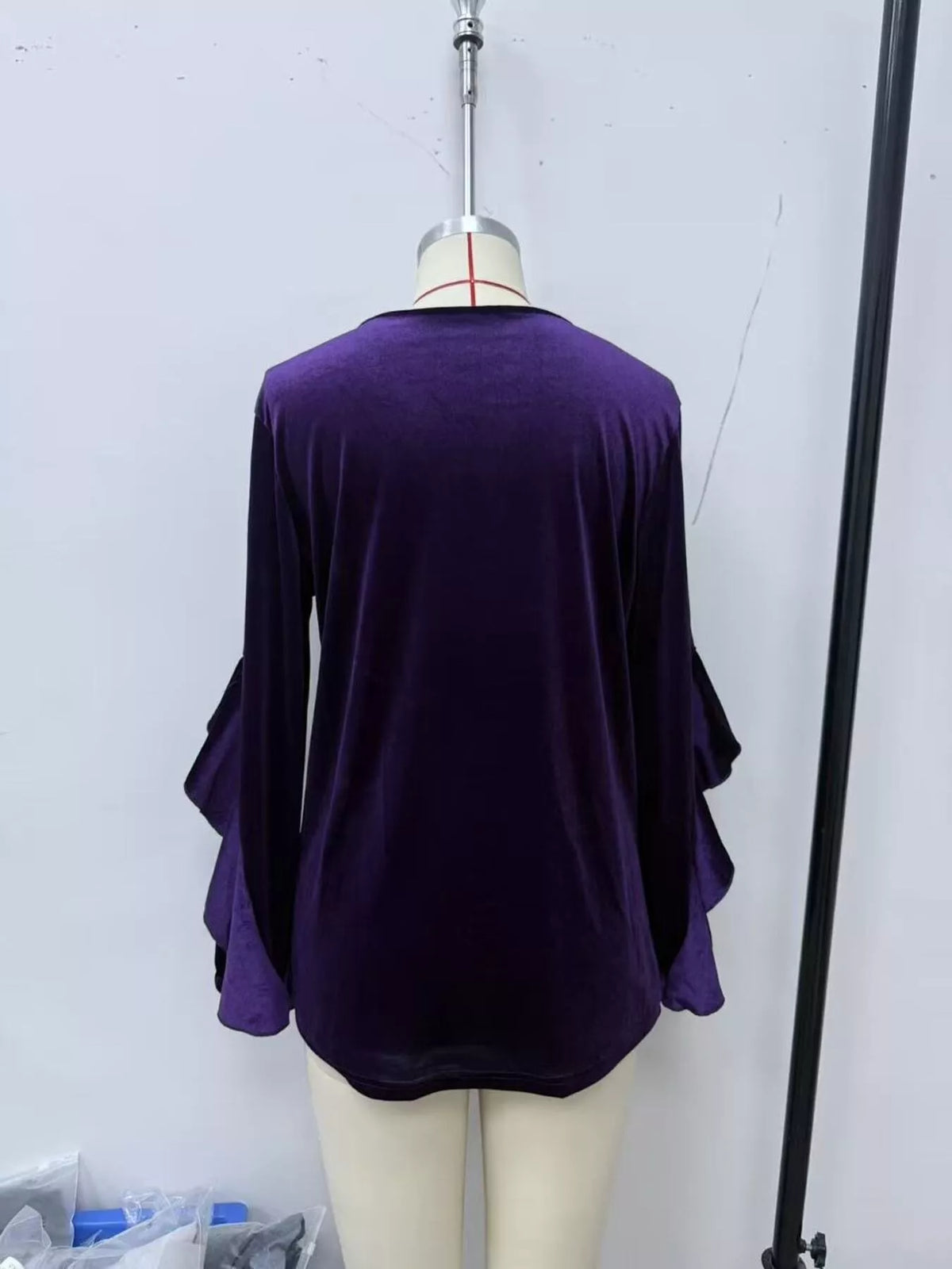 Velvet Round Neck Ruffle Sleeve Top