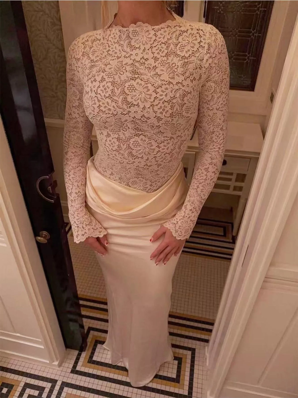 Long-Sleeve Lace and Satin Patchwork Maxi Dress