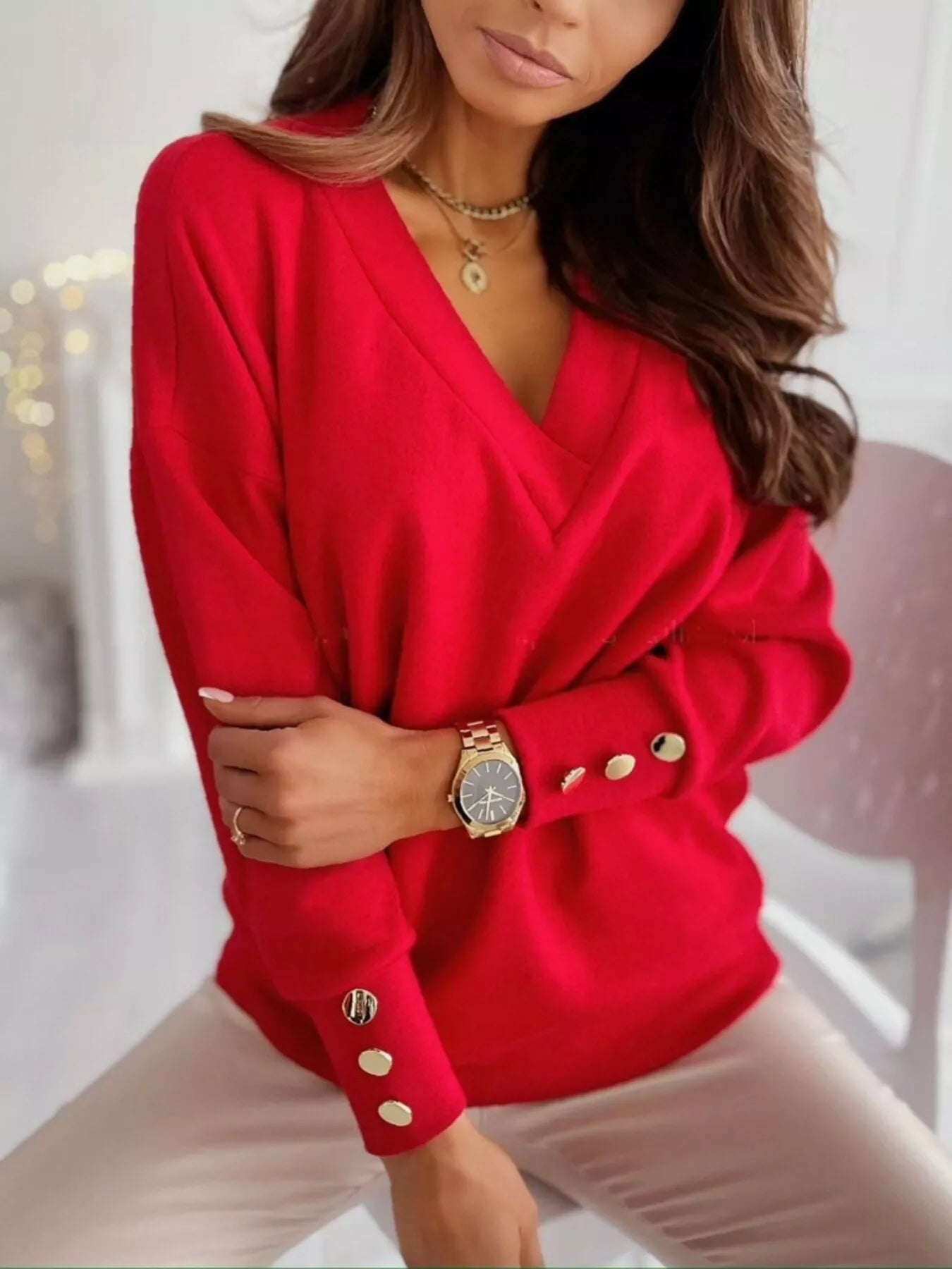 V-Neck Button Cuff Top