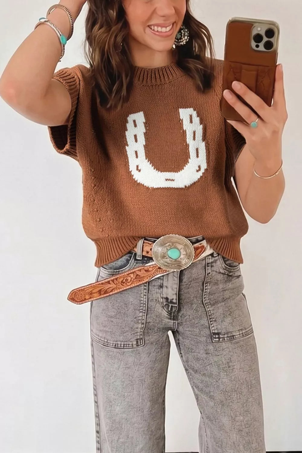 Western Horseshoe Pattern Short Sleeve Knit Sweater