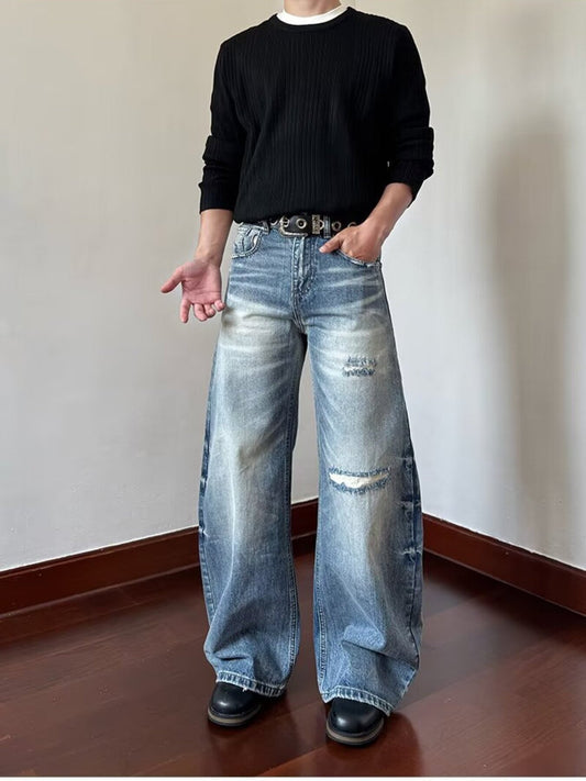 Men's Full Size Distressed Wide Leg Jeans Plus Size