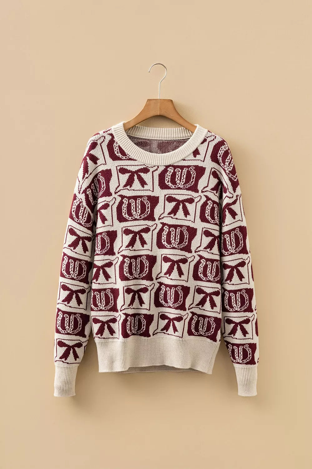 Bows & Horseshoes Pattern Western Round Neck Sweater