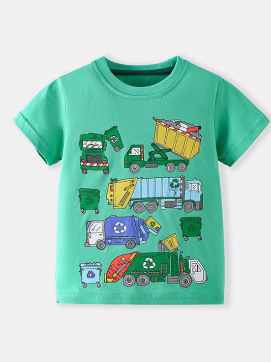 Children's Cartoon Garbage Truck Print Short Sleeve T-Shirt