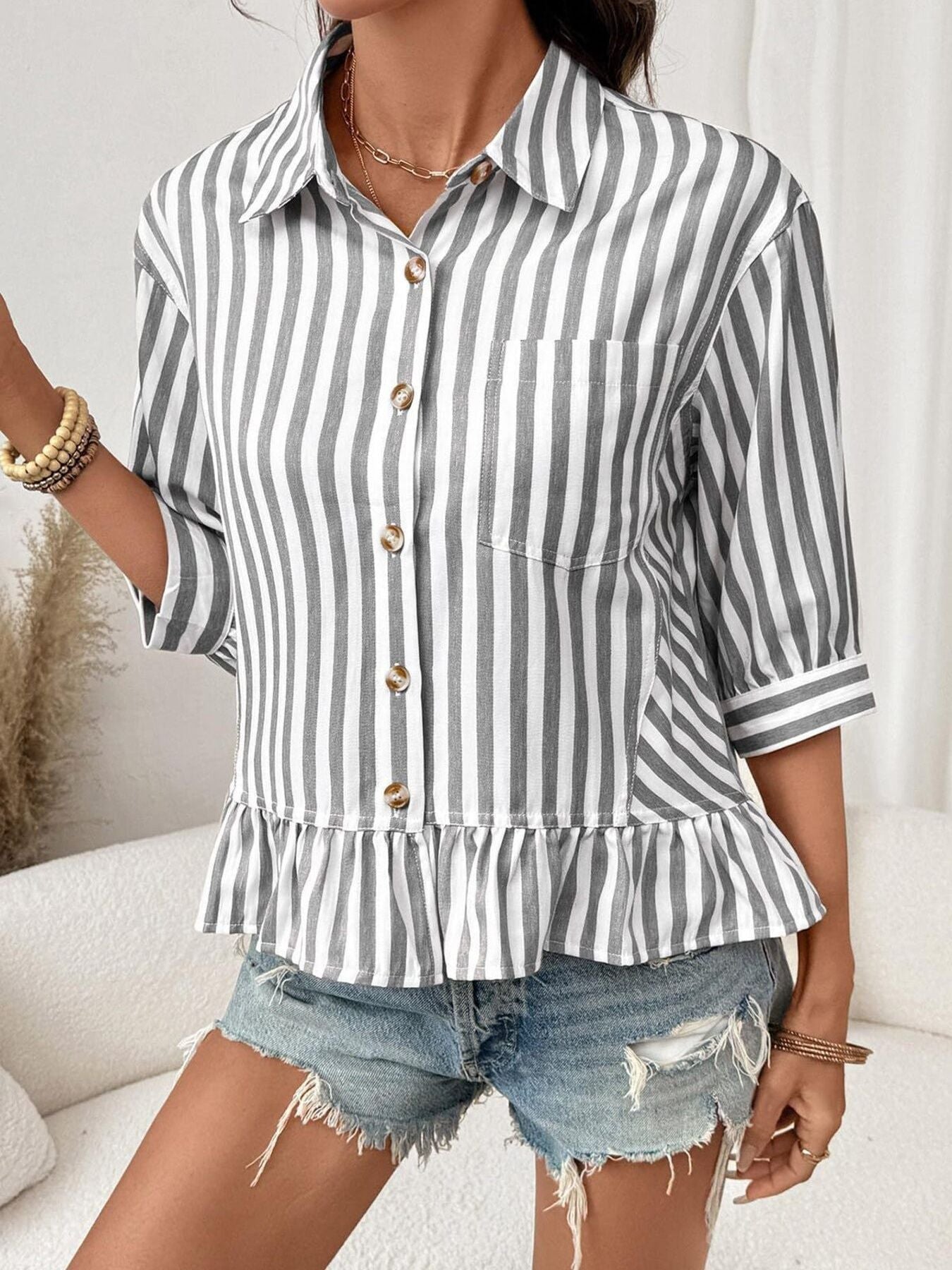 Striped Ruffle Hem Button-Down Shirt