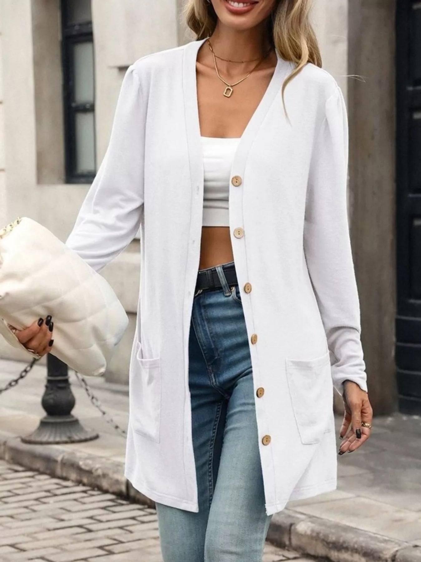V-Neck Button-Up Long Sleeve Cardigan with Pockets