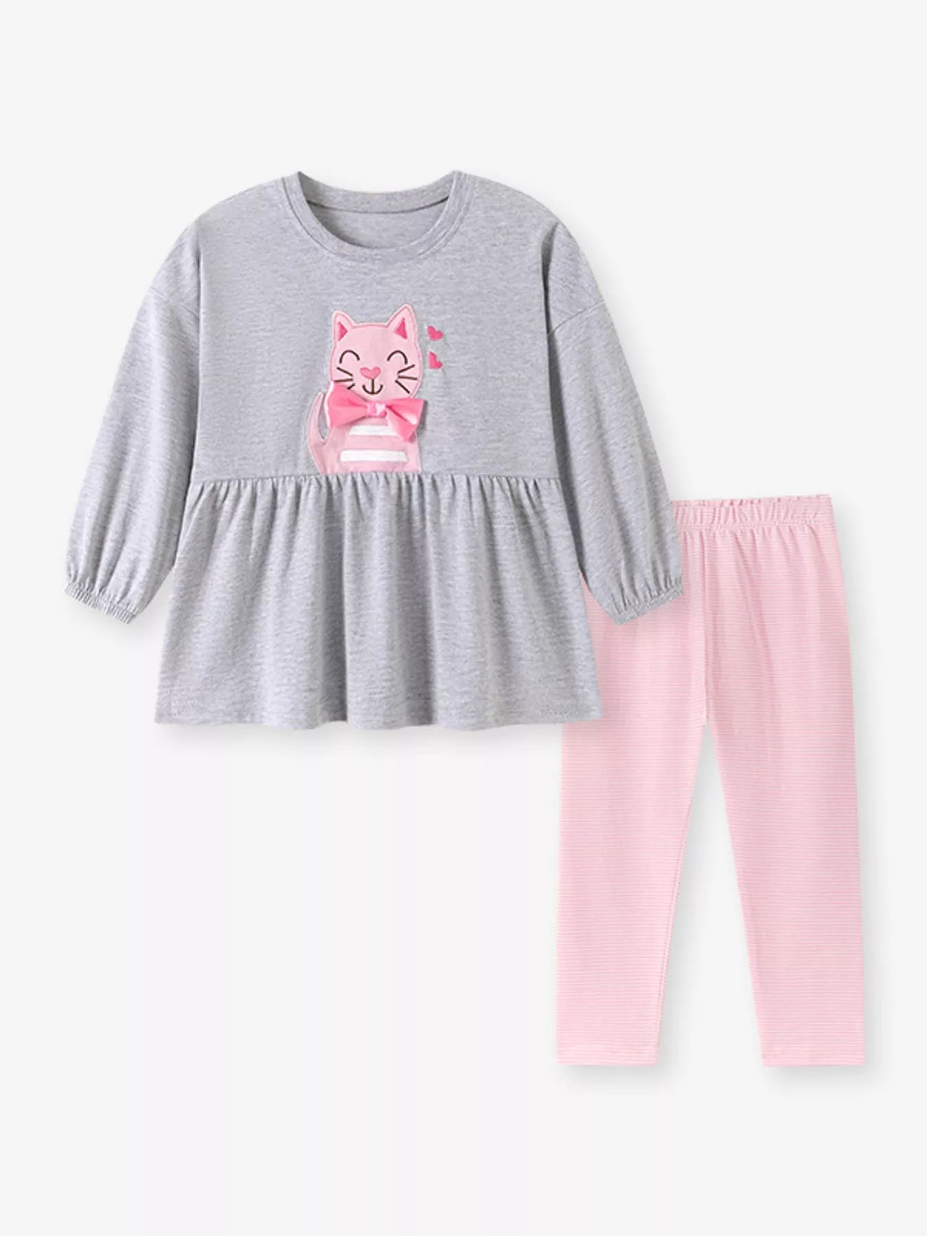 Children's Cute Cat Applique Peplum Top and Striped Leggings Set