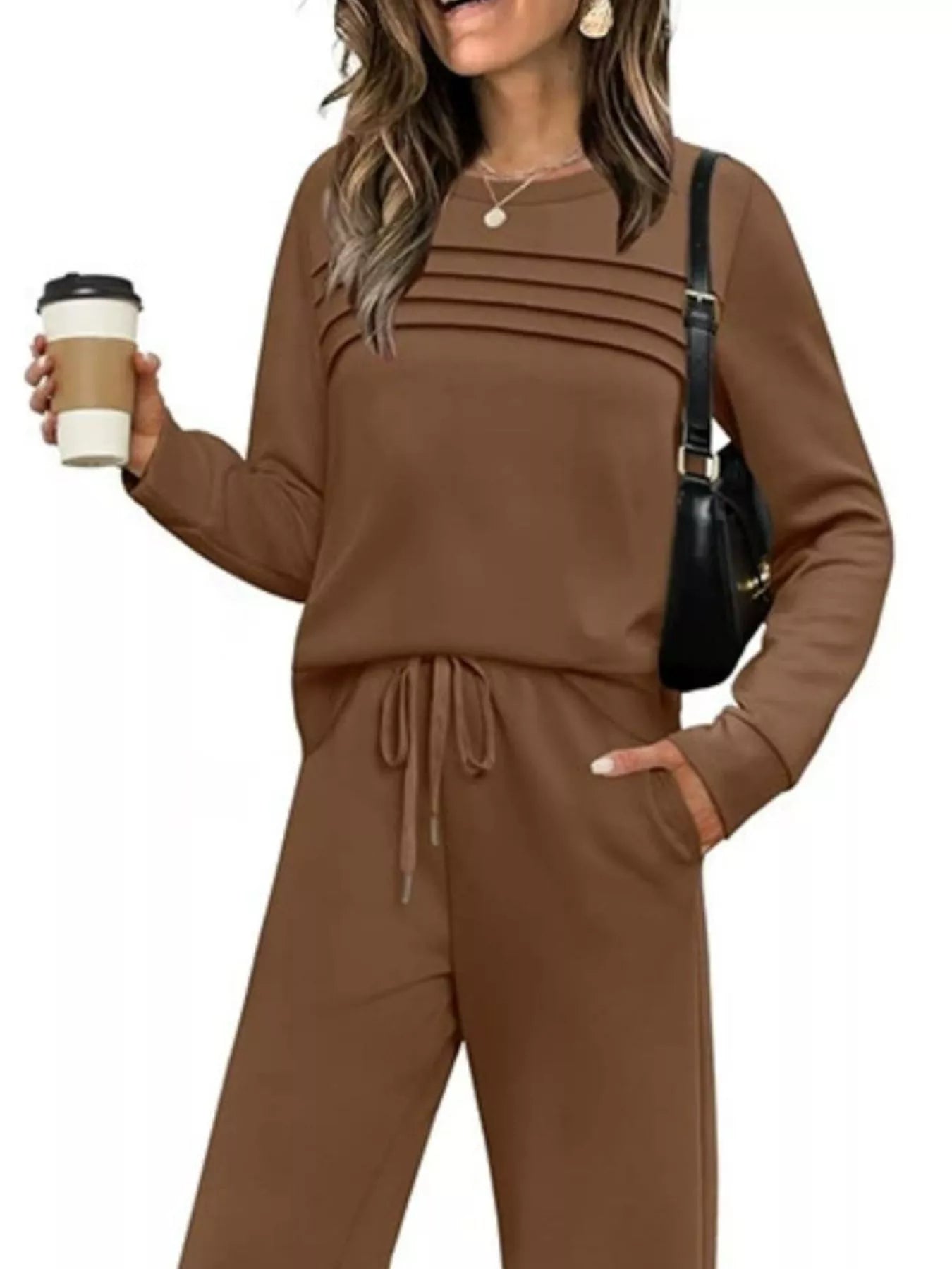 Full Size Casual Long Sleeve Crewneck Top and Drawstring Pants Set Plus Size