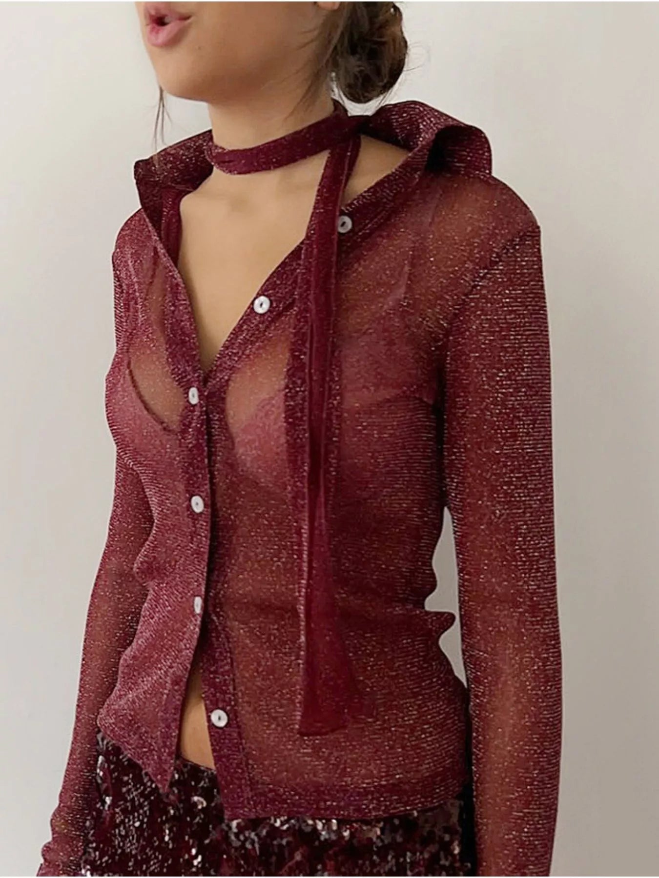Button Down Long Sleeve Shirt with Scarf